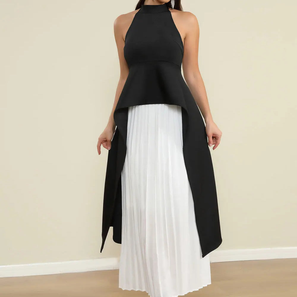 2025 Elegant Women's Loose pleated Long Dress with Stand up Collar and Sleeveless Black and White Dress Fashion Banquet Vestidos