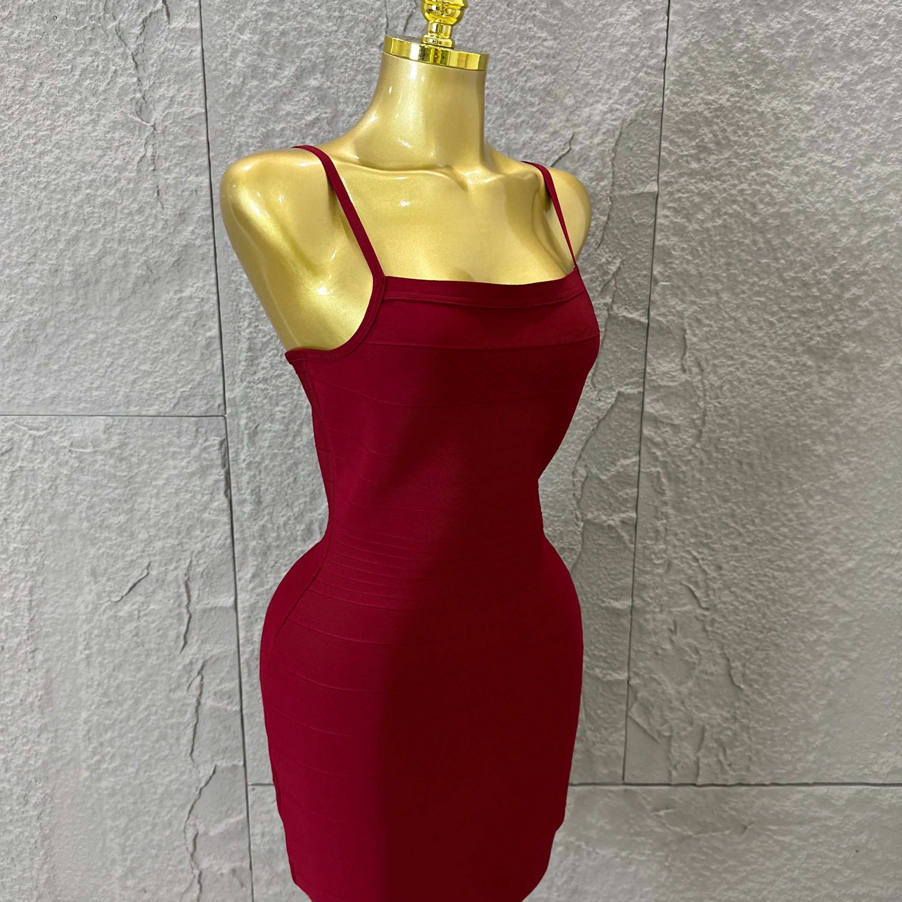 Chic Burgundy Bandage Mini Dress Women Spaghetti Strap Square Neck Bodycon Formal Event Casual Wear Costume