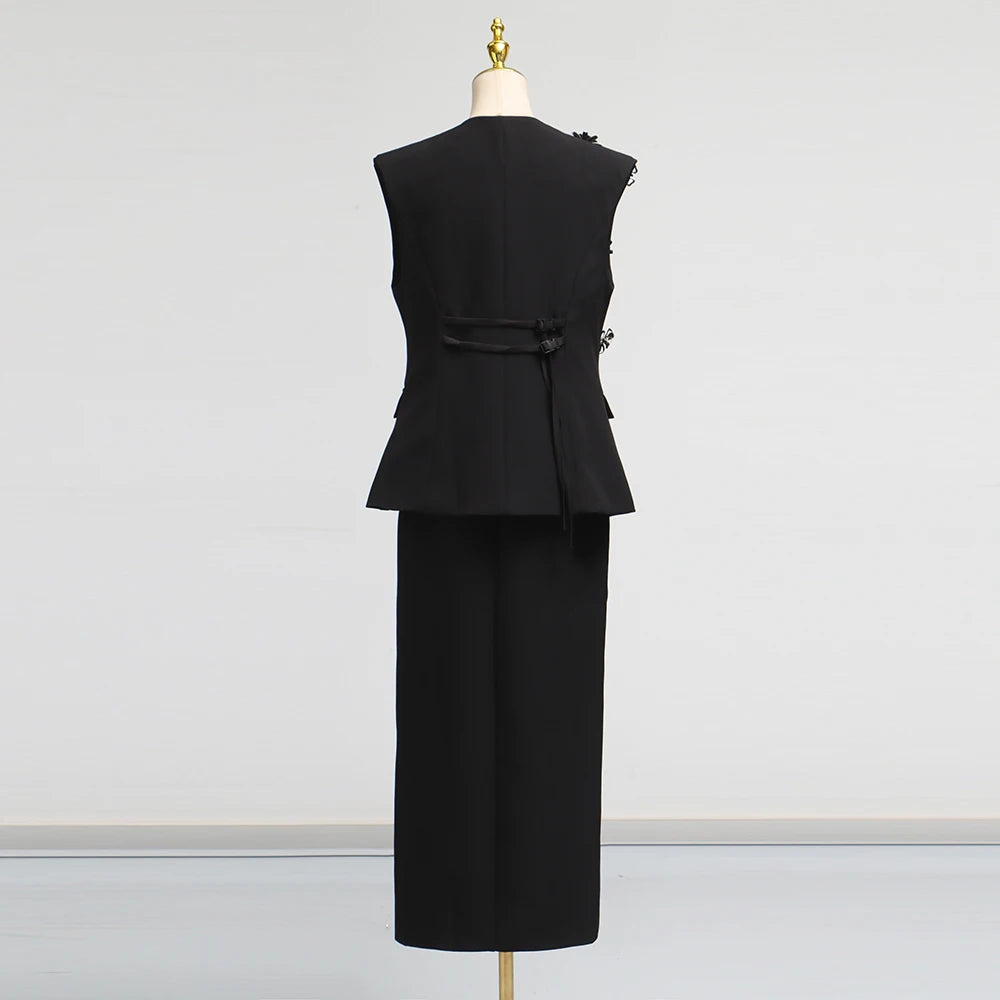 Solid Spliced 3D Flower Two Piece Sets for Women V Neck Sleeveless Top High Waist Split Skirt Elegant Set Female