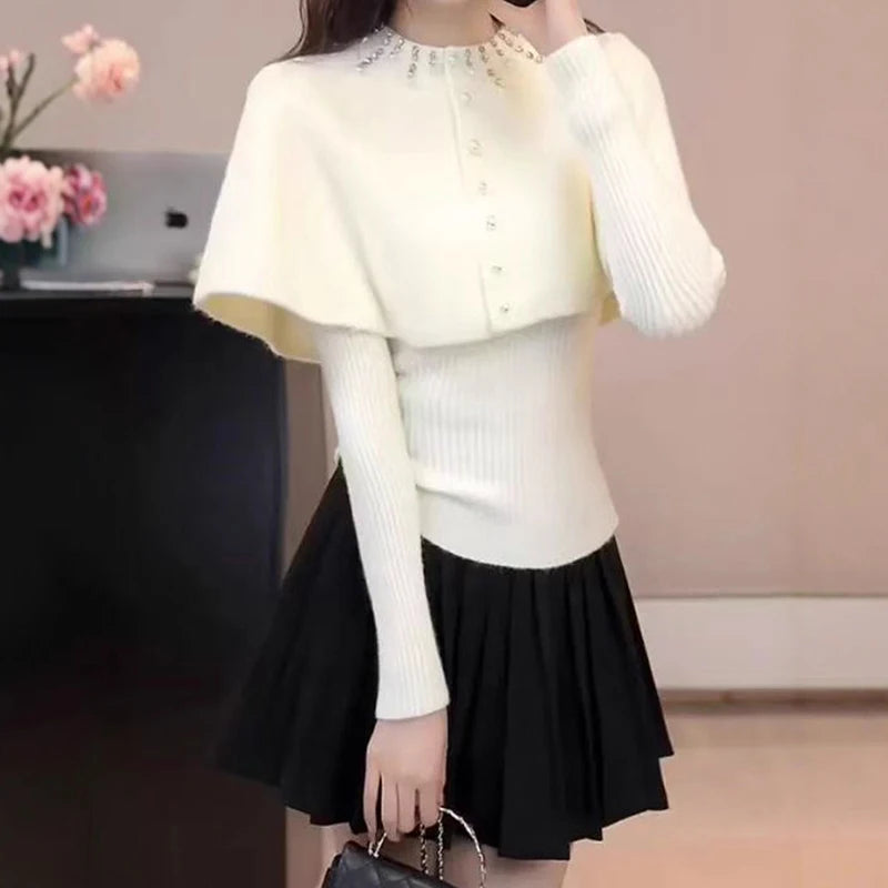 Autumn Winter Beaded Shawl Knitted Sweater For Women Slim Fit Inner Wear Layered Elegant Two-Piece Set 11A07563 Creamy-white One Size