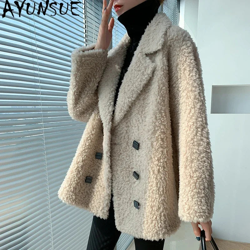 AYUNSUE Short Real Sheep Shearling Coat Female Winter 2021 Casual Korean Wool Jackets Women's Fur Coats Casaco Feminino Gxy431