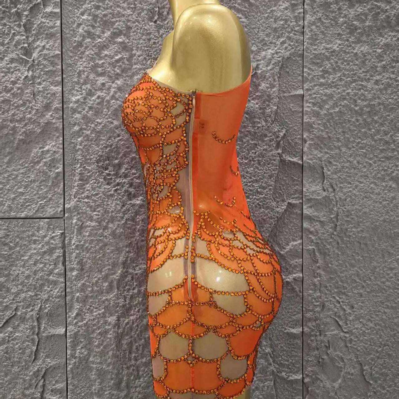 Orange Color Shinning Rhinestones Women Sexy One Shoulder Mesh Bodycon Mini Dress Celebrate Nightclub Party Bar Singer Wear