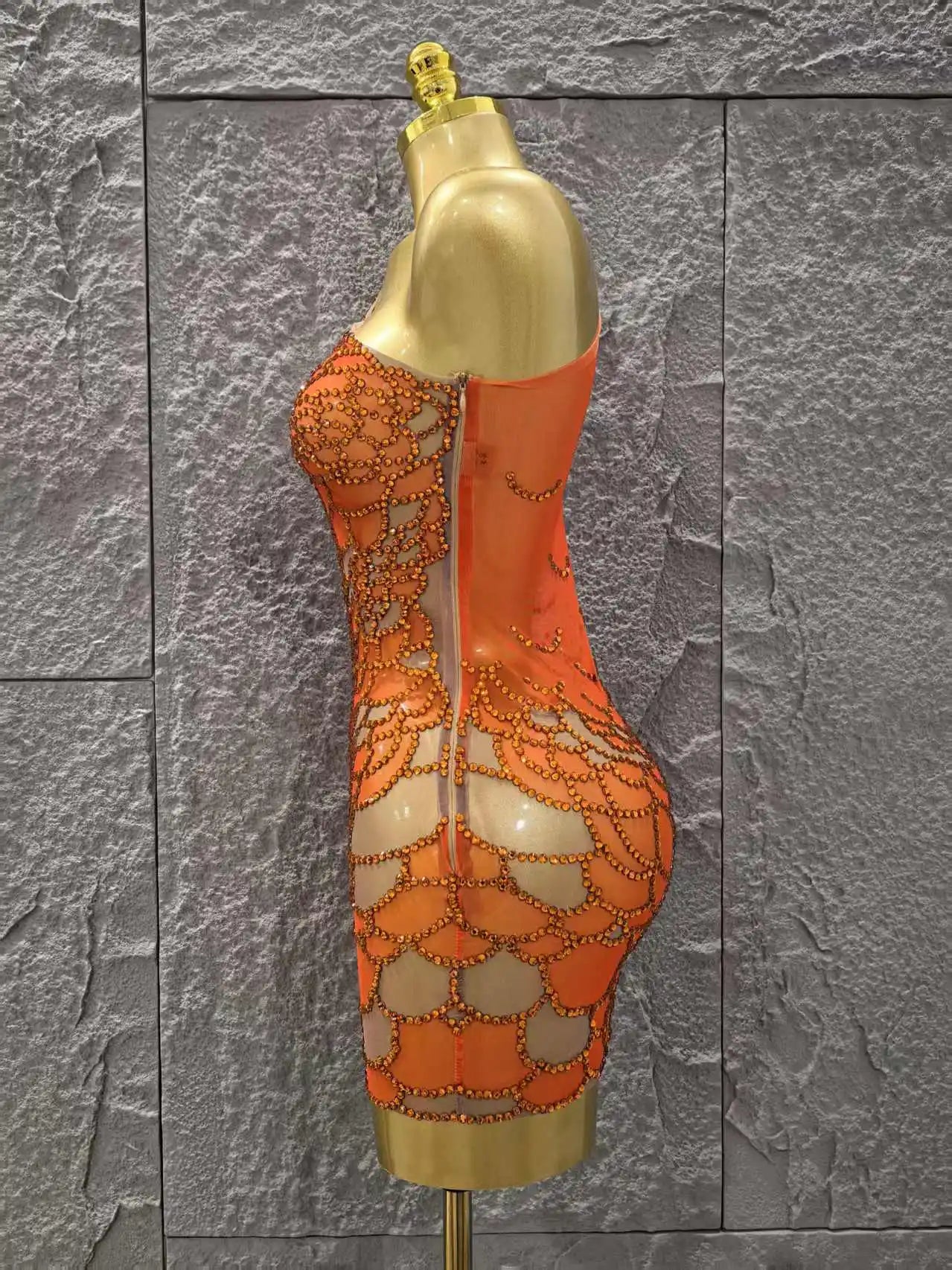 Orange Color Shinning Rhinestones Women Sexy One Shoulder Mesh Bodycon Mini Dress Celebrate Nightclub Party Bar Singer Wear