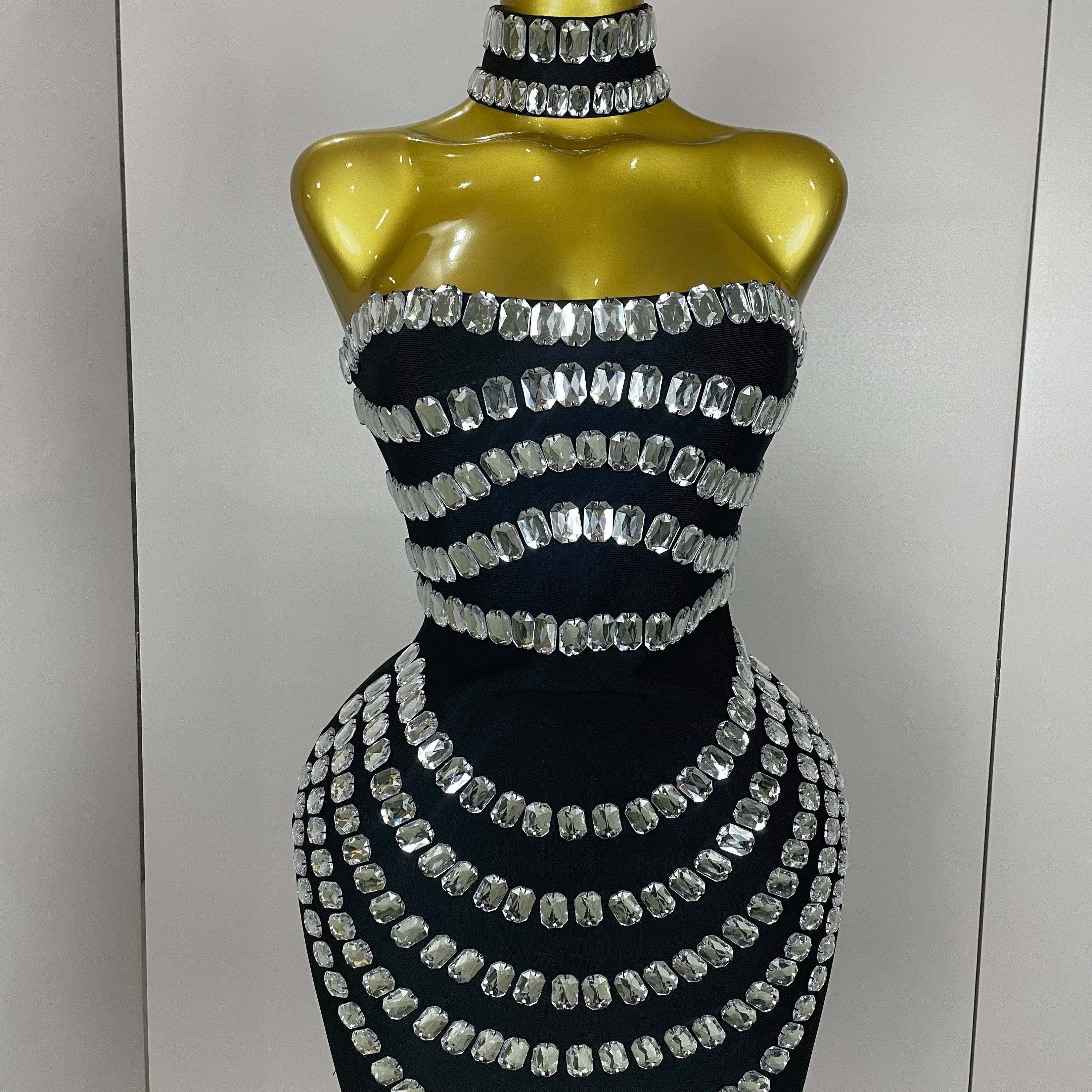 Women 2025 Sparkly Rhinestones Bodycon Strapless Mini Bandage Dress Backless Fashion Evening Party Club Luxury Birthday Dresses black