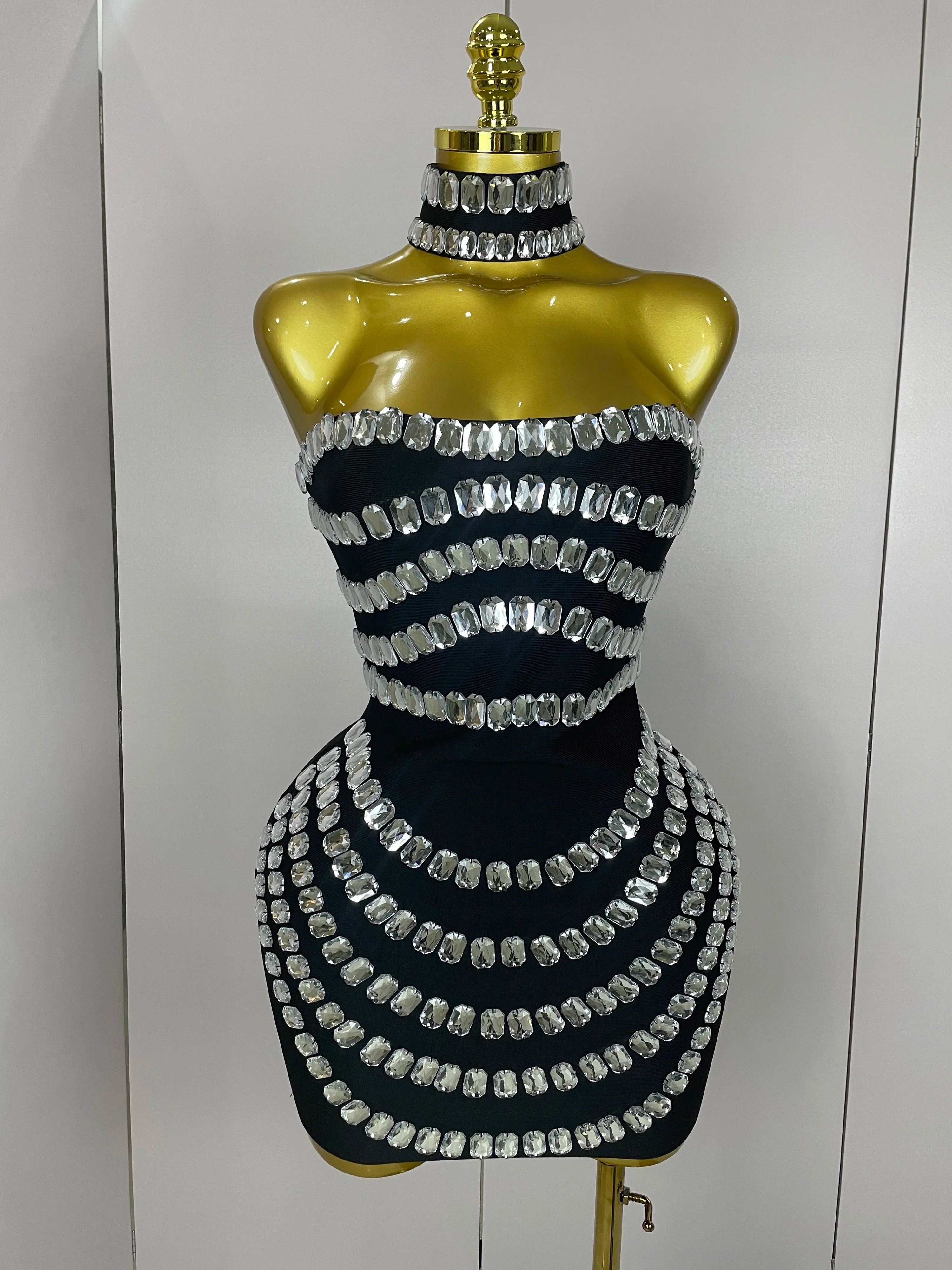 Women 2025 Sparkly Rhinestones Bodycon Strapless Mini Bandage Dress Backless Fashion Evening Party Club Luxury Birthday Dresses black