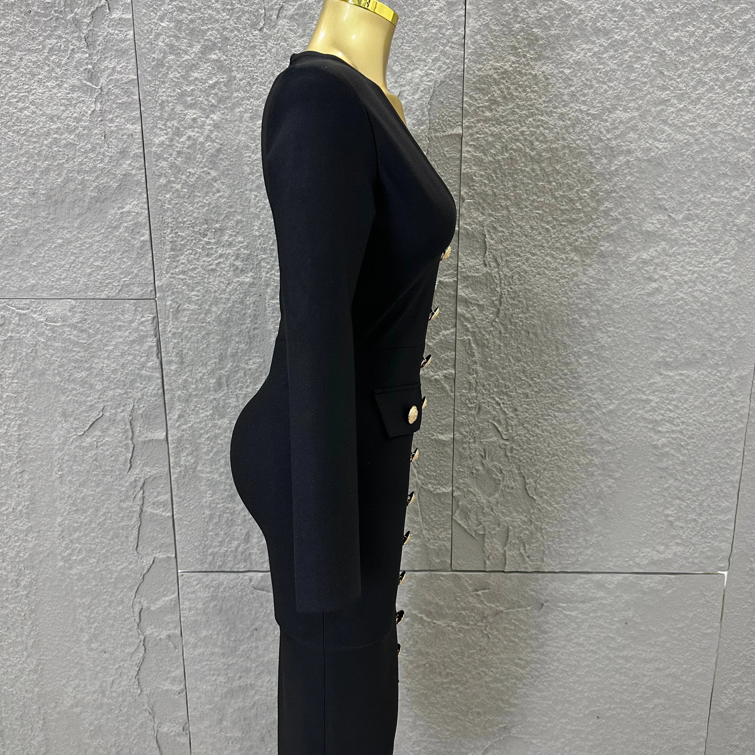 Elegant Black Deep V-Neck Midi Dress Women Sexy Long Sleeve Gold Button Form-Fitting Evening Party Cocktail Party Costume