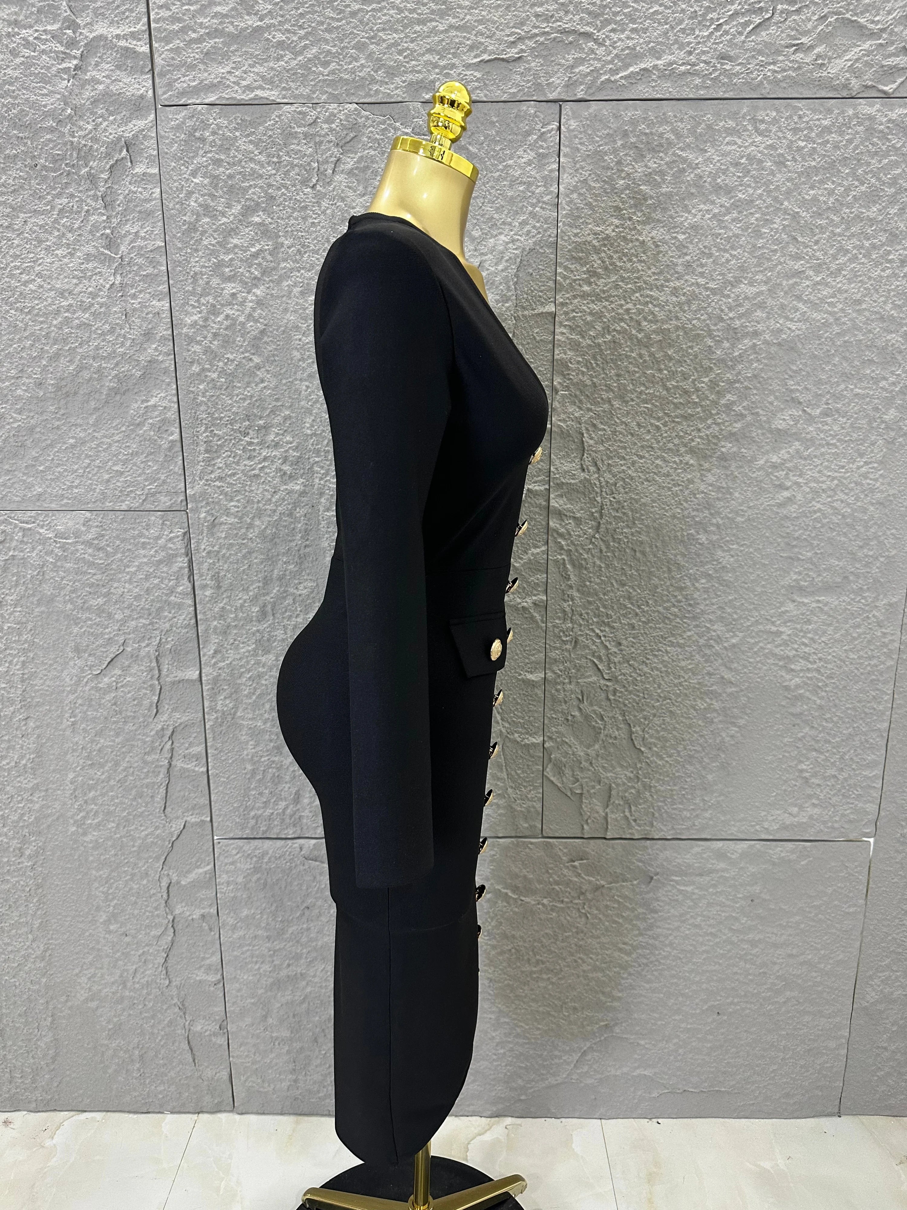 Elegant Black Deep V-Neck Midi Dress Women Sexy Long Sleeve Gold Button Form-Fitting Evening Party Cocktail Party Costume