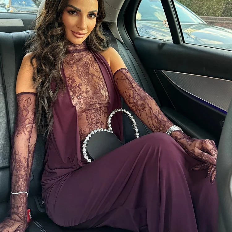 Sexy Turtleneck Lace Patchwork Long Dress Women Sleeveless Backless Pleated Celebrity Evening Party Gowns with Gloves