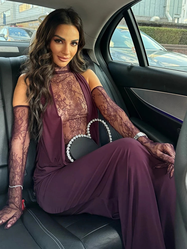 Sexy Turtleneck Lace Patchwork Long Dress Women Sleeveless Backless Pleated Celebrity Evening Party Gowns with Gloves