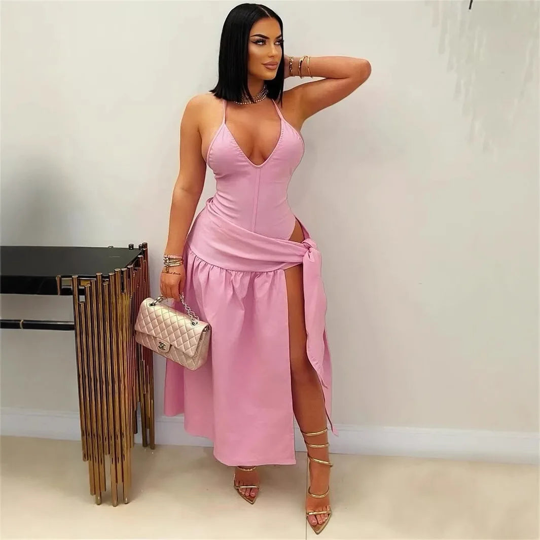 CM.YAYA Summer Women Halter Sleeveless V-Neck Tie Up High Side Split High Waist A-Line Dress Night Club Party Dresses Vestidos