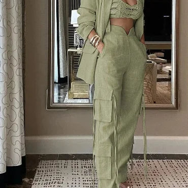 Fashion Women's Set Long Sleeve Blazer Suit and Wide Leg Cargo Pants 2023 OL Workout Two 2 Piece Sets Outfit Tracksuit