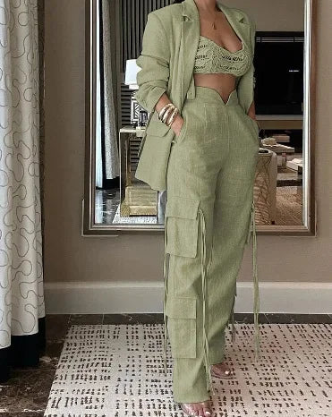 Fashion Women's Set Long Sleeve Blazer Suit and Wide Leg Cargo Pants 2023 OL Workout Two 2 Piece Sets Outfit Tracksuit