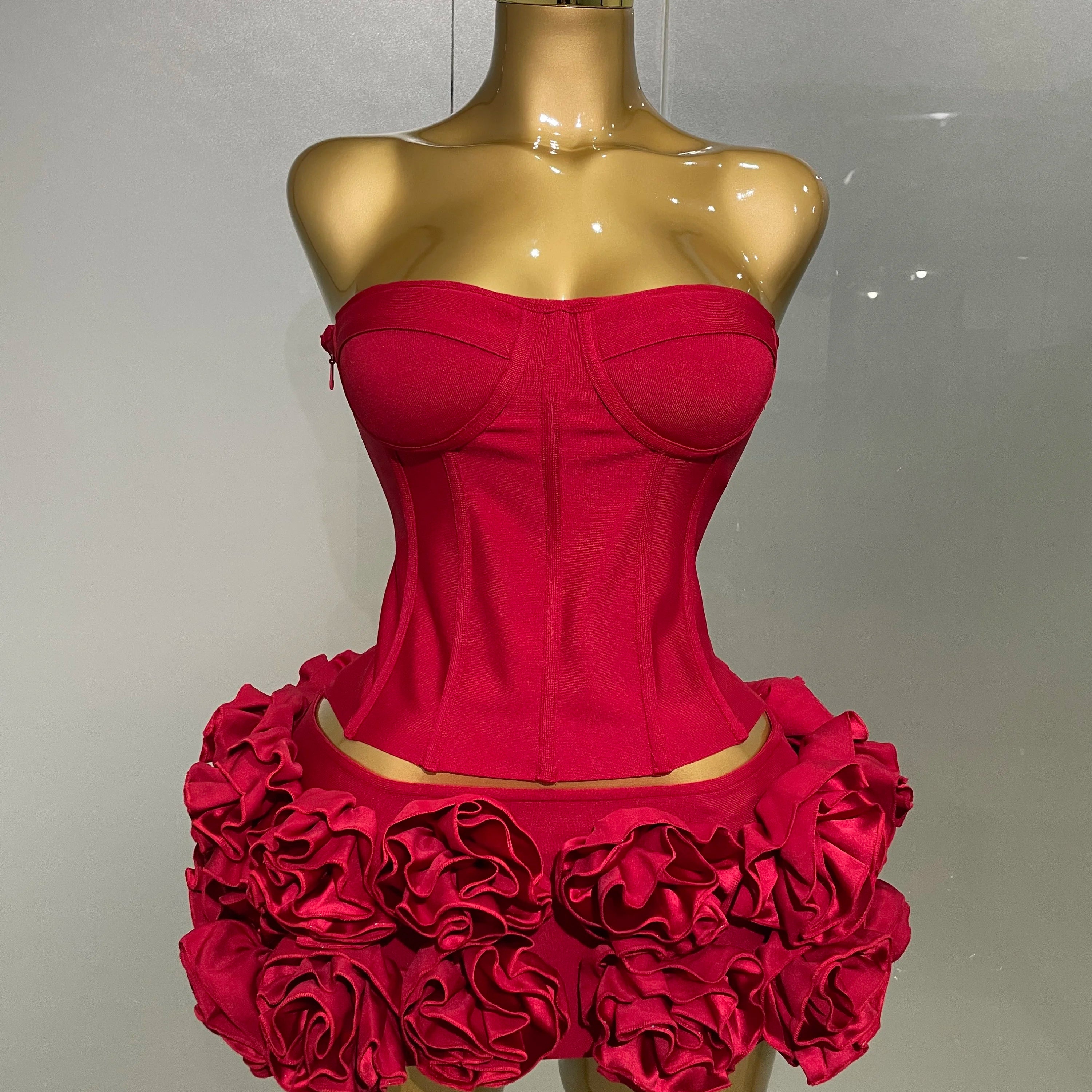 2025 Women Sexy Strapless Prom Gown Fashion Celebrity Club Party Skirt Set Birthday Cocktail Outfit Birthday Party Bandage Dress Red