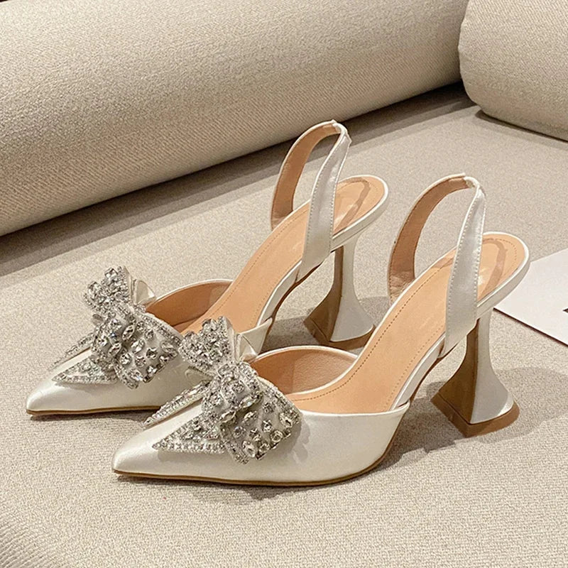 Eilyken New Design Crystal Butterfly-knot Women Pumps Street Style High Heels Pointed Toe Shoes Sexy Wedding Party Sandals White
