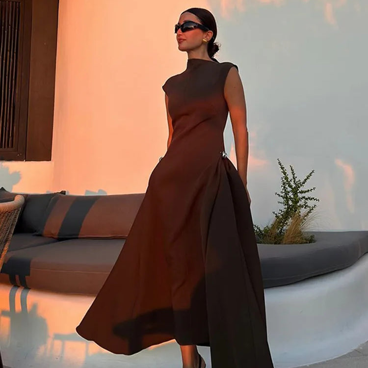 Chic Off Shoulder Irregular Neck Women's Dress Elegant High Waist A-line Hem Pleated Midi Dresses New Summer Lady Commuting Robe Red