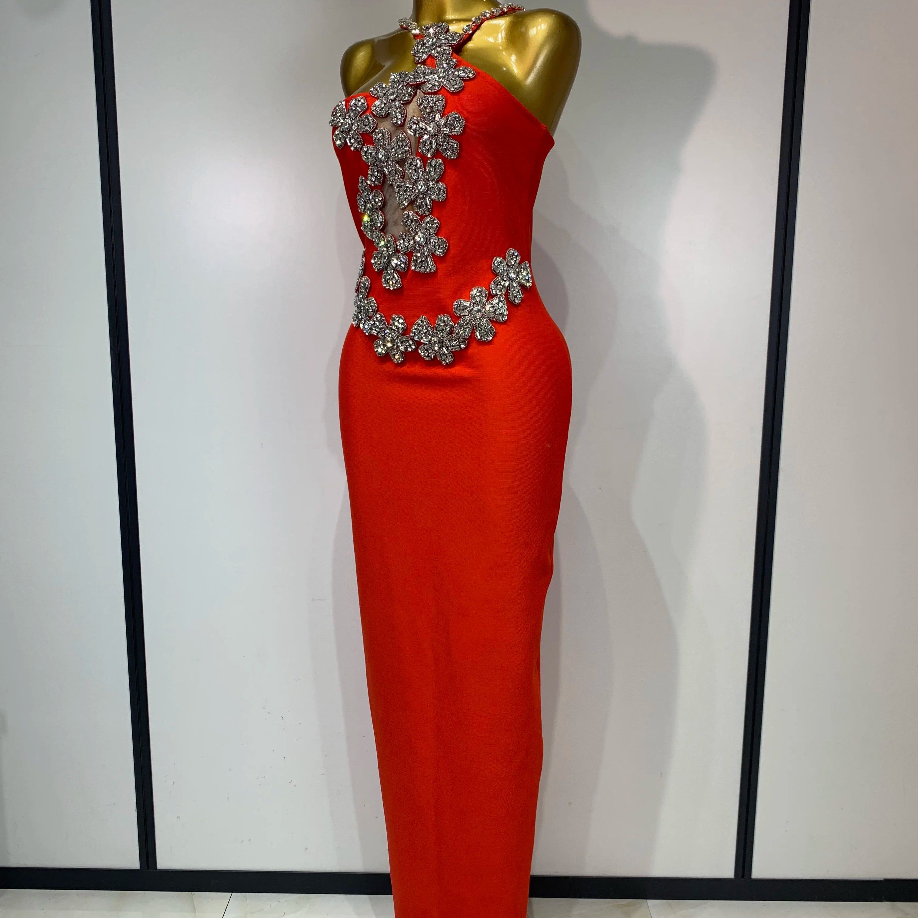 Women Sexy Shining Beading White Maxi Long Bodycon Bandage Dresses Celebrity Birthday Evening Party Elegant Knitted Clothing