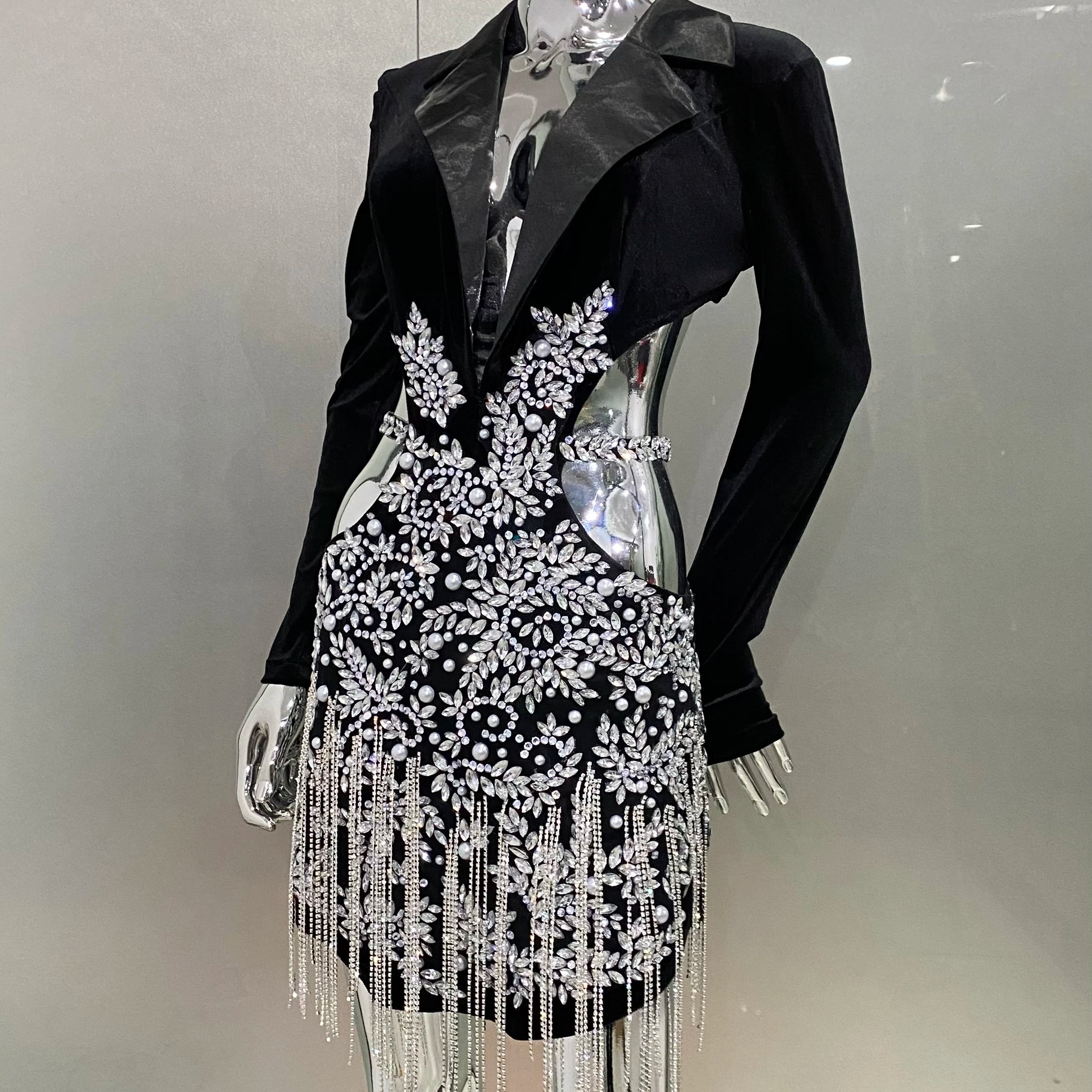 2024 Luxury Diamonds Tassel Sexy hollow Out Notched Black Mini Dress Woman Evening Party Vestido Celebrate Club Party Outfit