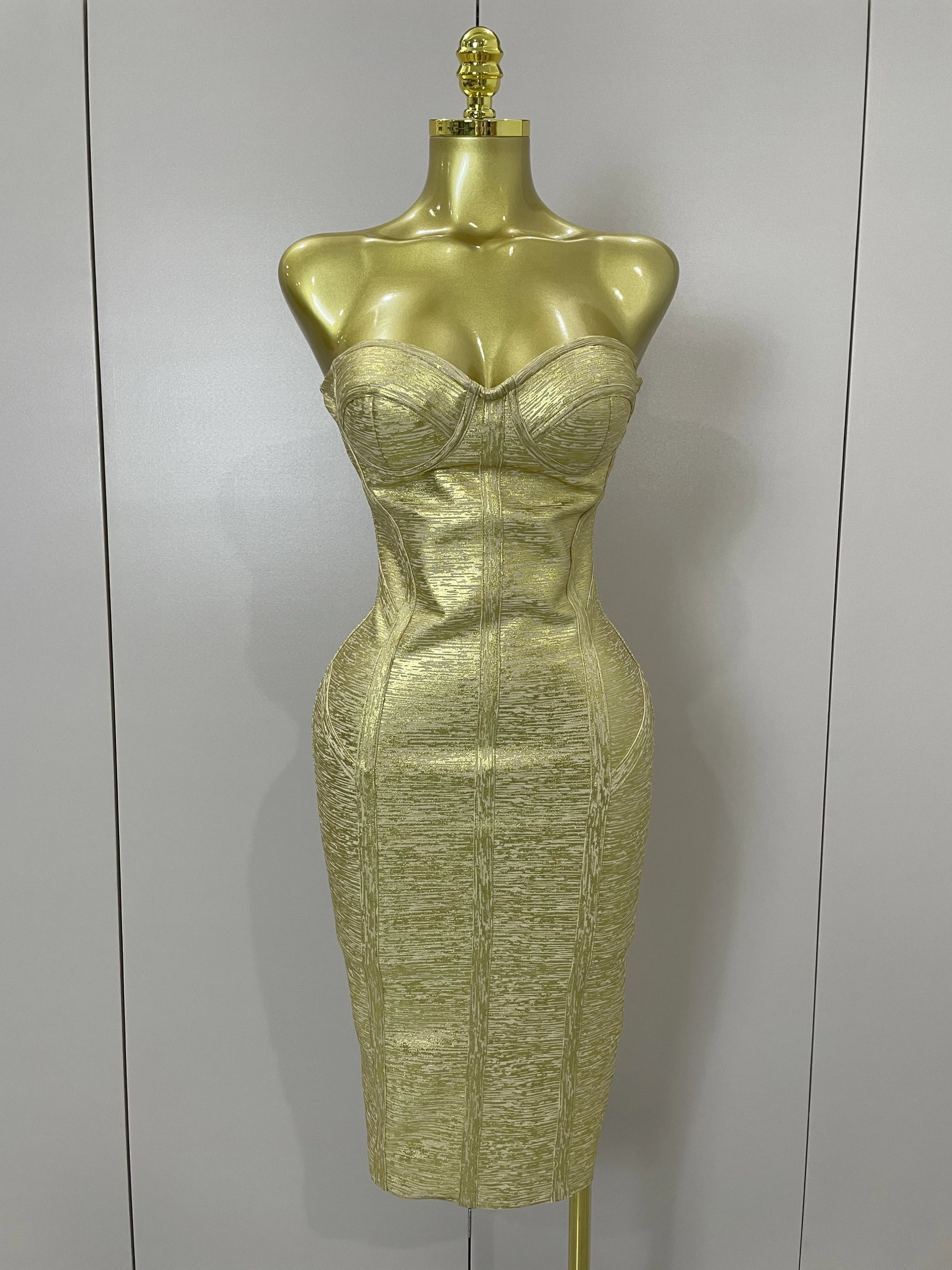 Sexy Strapless Gold Black Foil Color Bodycon Bandage Dress 2025New Women Fashion Celebrate Evening Party Luxury Birthday Dresses Gold