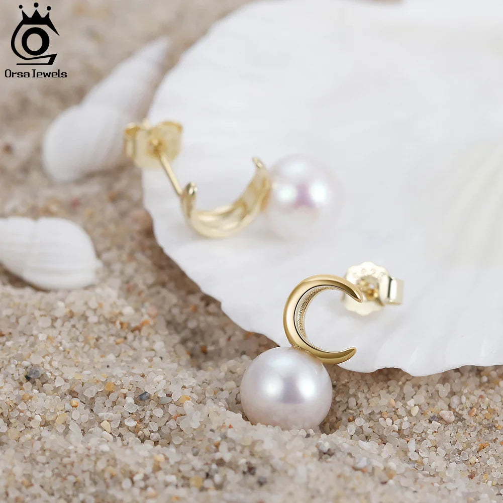 ORSA JEWELS Elegant 14K Gold Plated Freshwater Pearl Earrings for Women Moon Shape Baroque Pearl Eardrop Fashion Jewelry GPE30