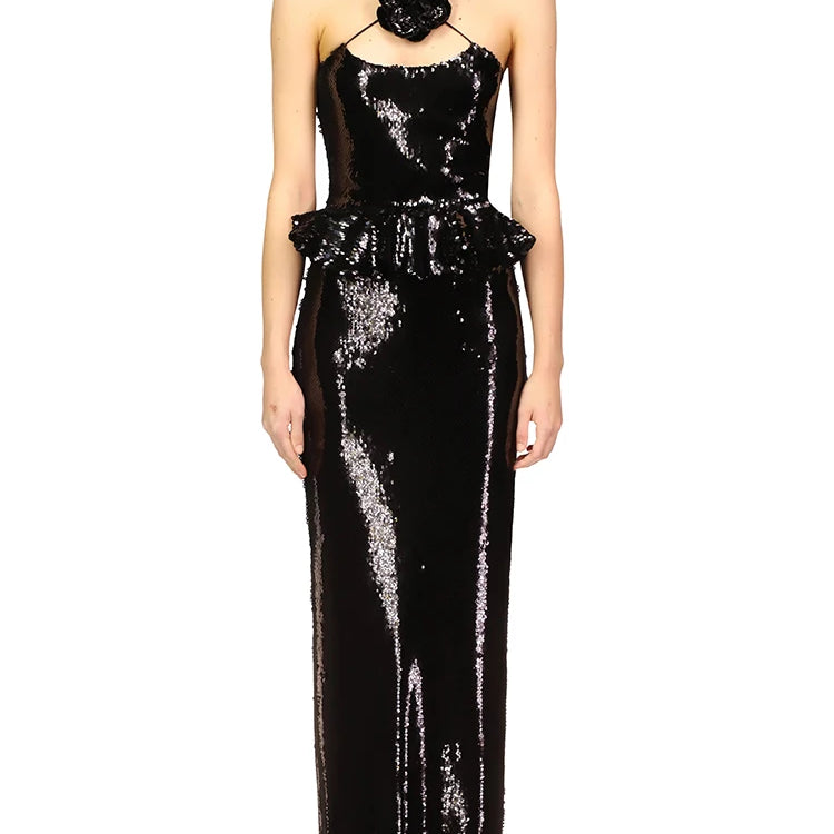 Women Summer Backless Long Dress Black Mesh Sparkly Sequins Spaghetti Straps Ruffled Hems Cocktail Evening Party Gowns