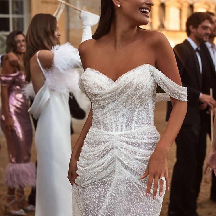 Elegant Sweetheart Neck Ruched Mermaid Wedding Dress Off the Shoulder Sleeveless Bridal Party Evening Gowns Vestido