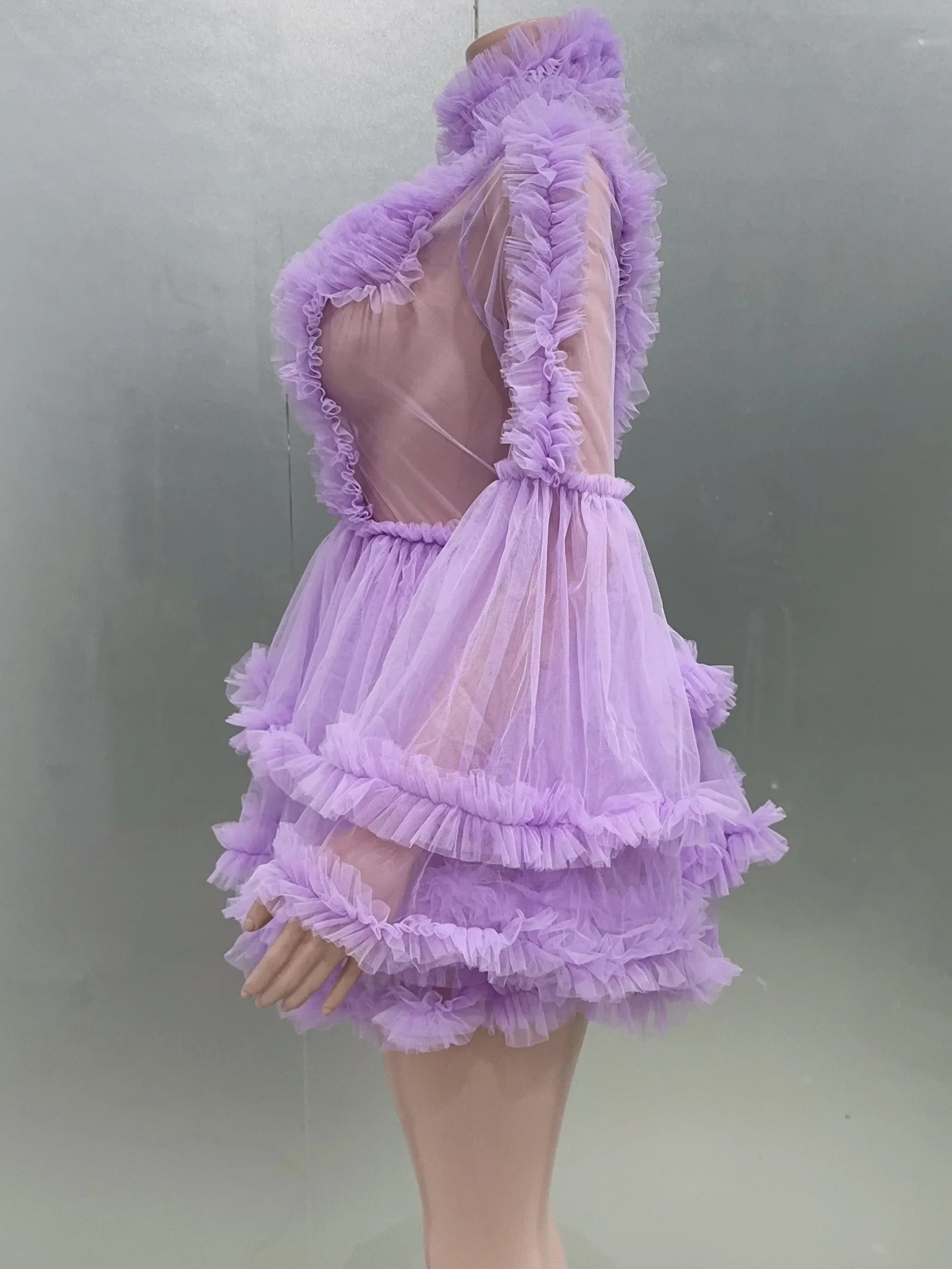 Purple Color Women Sexy Puff Sleeve Mesh Ruffles Mini Dress Birthday Celebrate Party Girls' Photo Shoot Wear Vestido