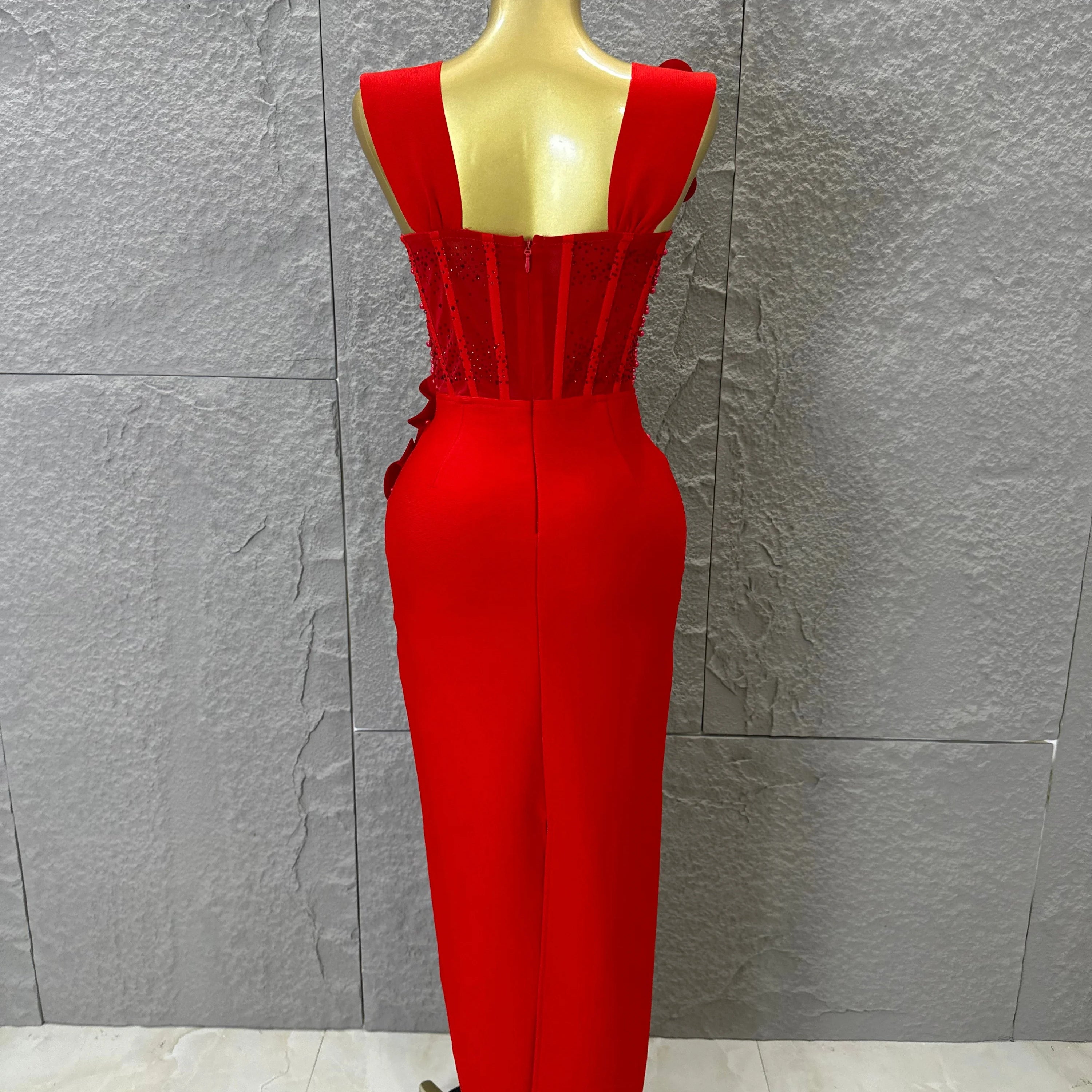 Women Sexy Sheer Mesh Corset Beaded 3D Floral Applique Form-Fitting Outfit Formal Event Party Costum Red Square Neck Maxi Dress