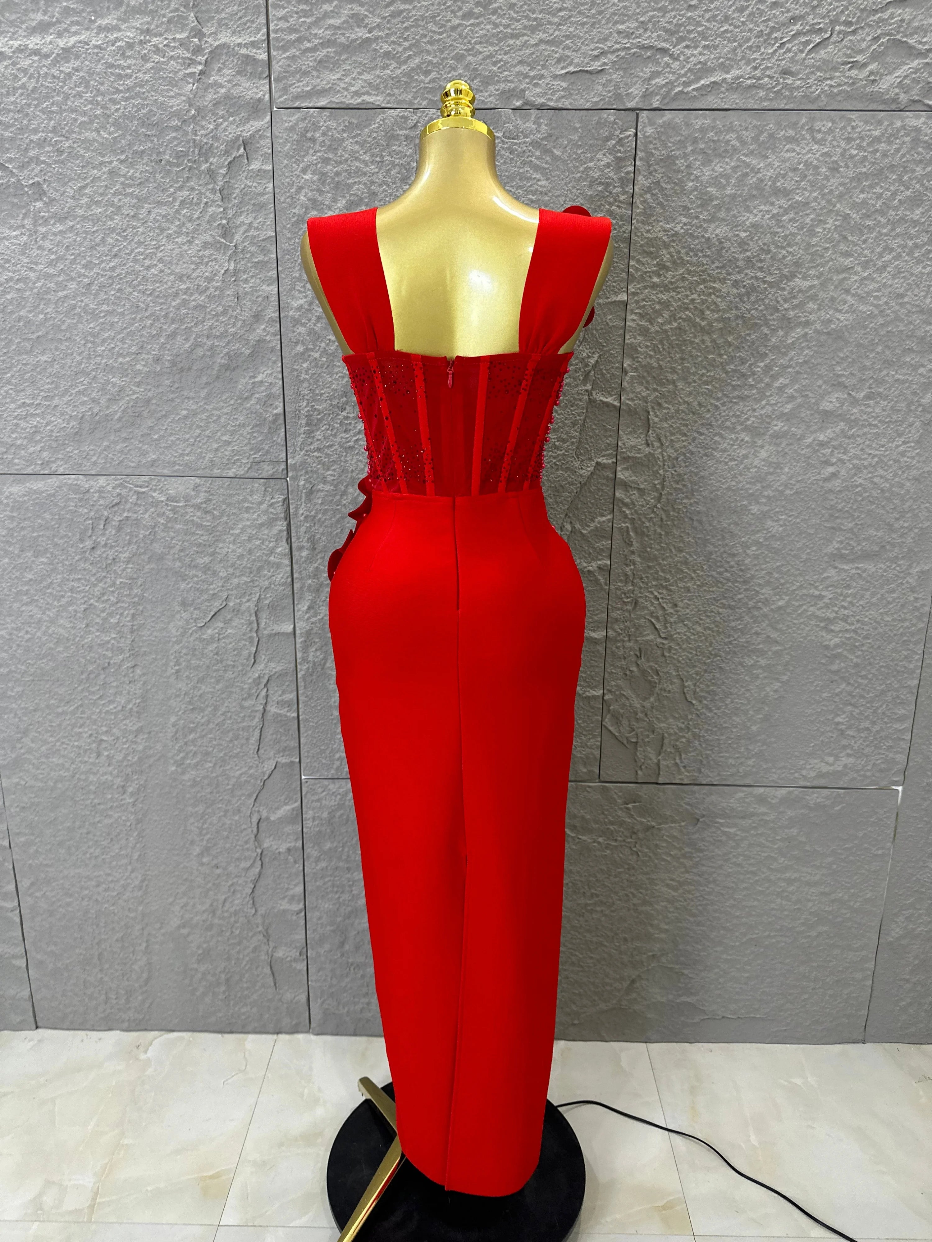 Women Sexy Sheer Mesh Corset Beaded 3D Floral Applique Form-Fitting Outfit Formal Event Party Costum Red Square Neck Maxi Dress