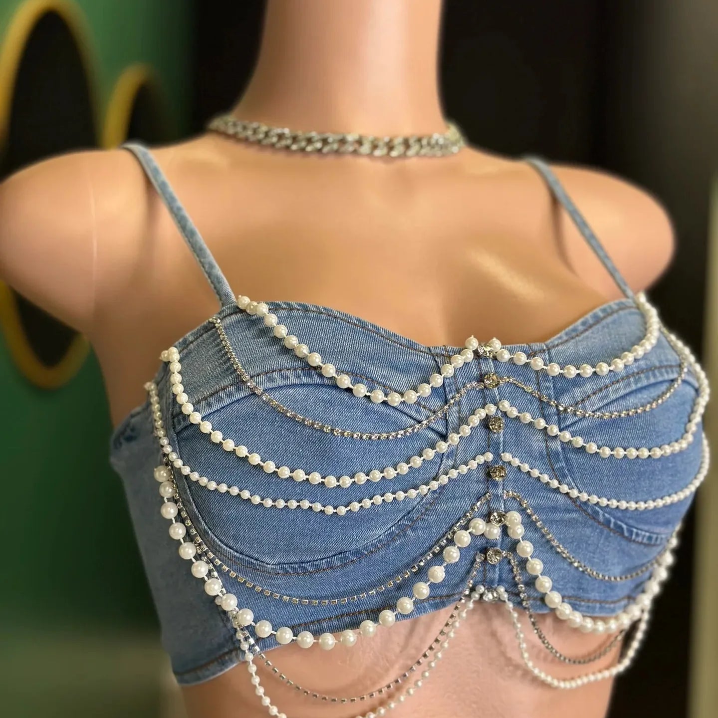 Women Set Denim Strapless Pearl Beading Top + shorts Sets Street Casual Two 2 Piece Set Sexy Party Outfit 2024 Summer