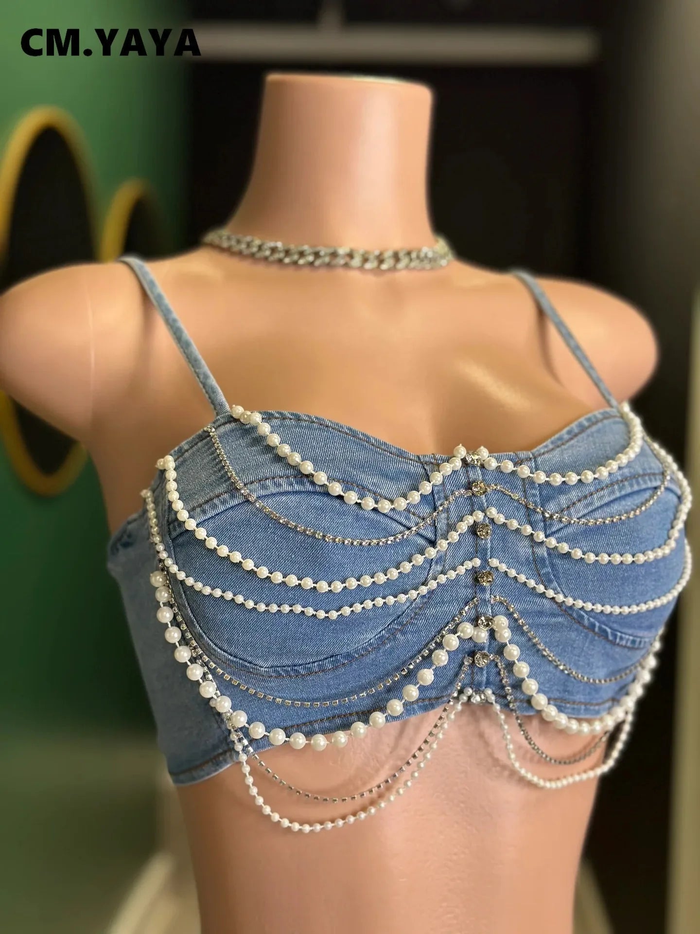 Women Set Denim Strapless Pearl Beading Top + shorts Sets Street Casual Two 2 Piece Set Sexy Party Outfit 2024 Summer