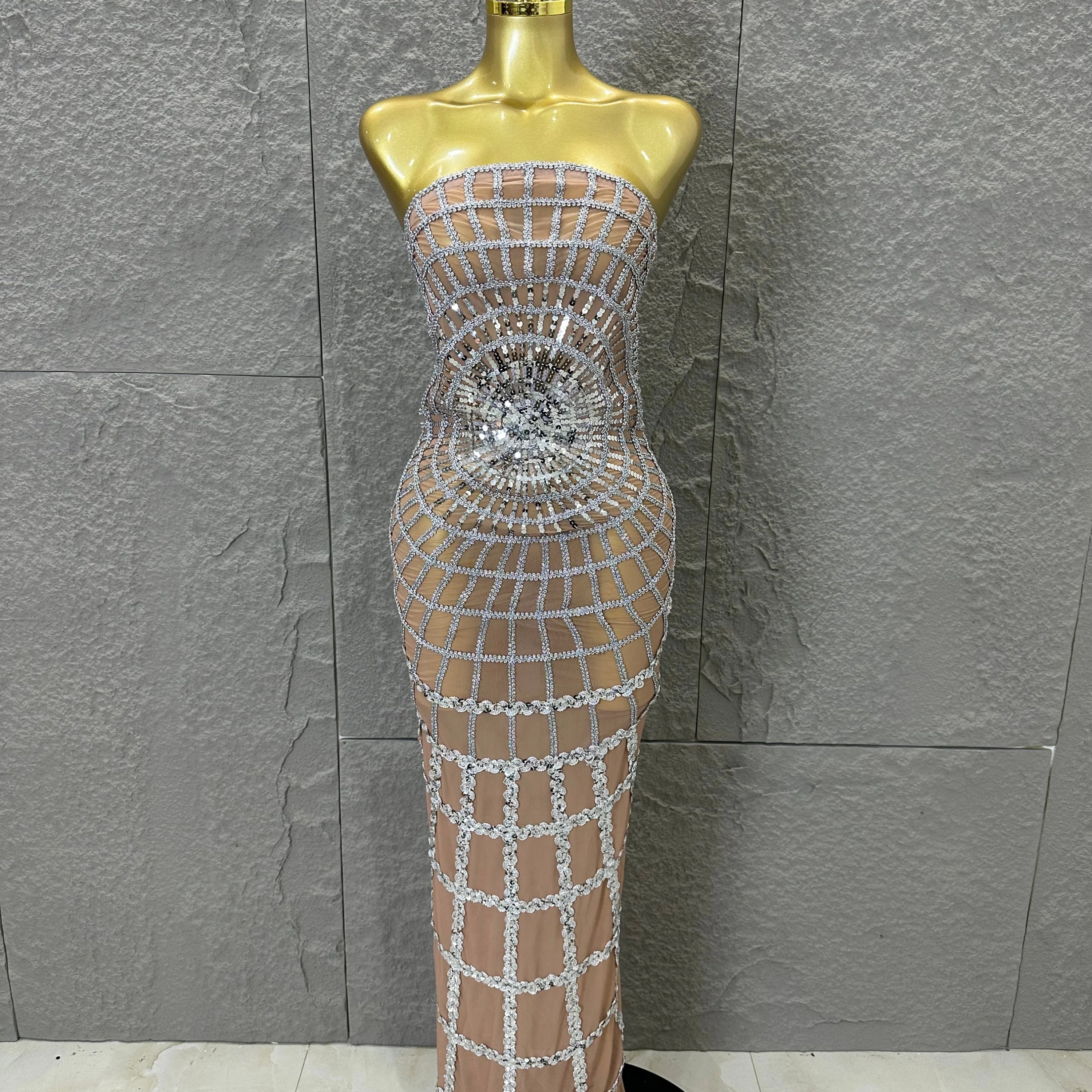 Elegant Sequined Sheer Mesh Maxi Dress Women Sexy Strapless 3D Grid Embellished Bodycon Mermaid Outfit Stage Performance Costume Silver