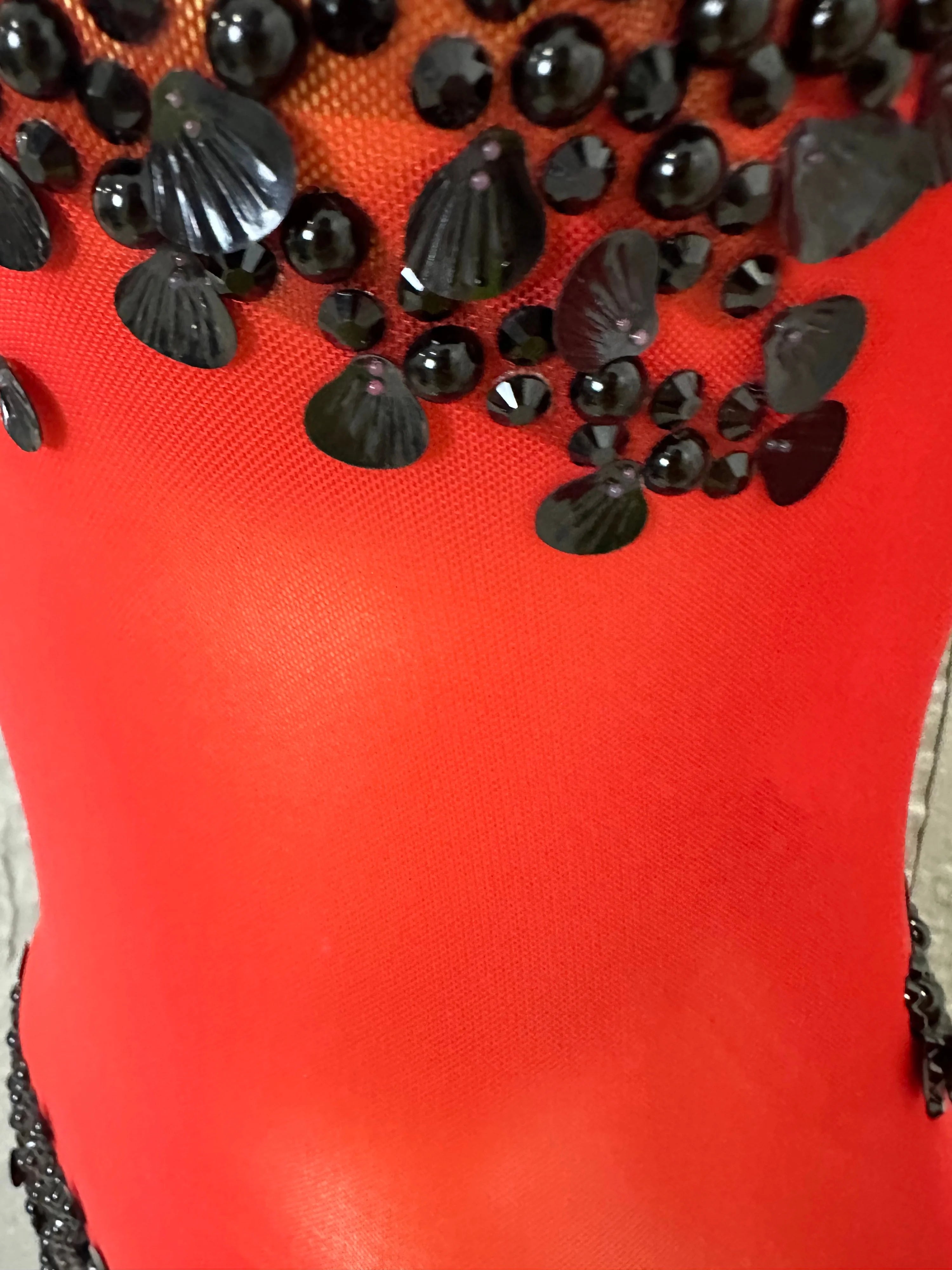 Sexy 2026 Black Sheer Mesh Maxi Dress Women Long Sleeve High Neck Red Rhinestone Embellished Bodycon Stage Costume