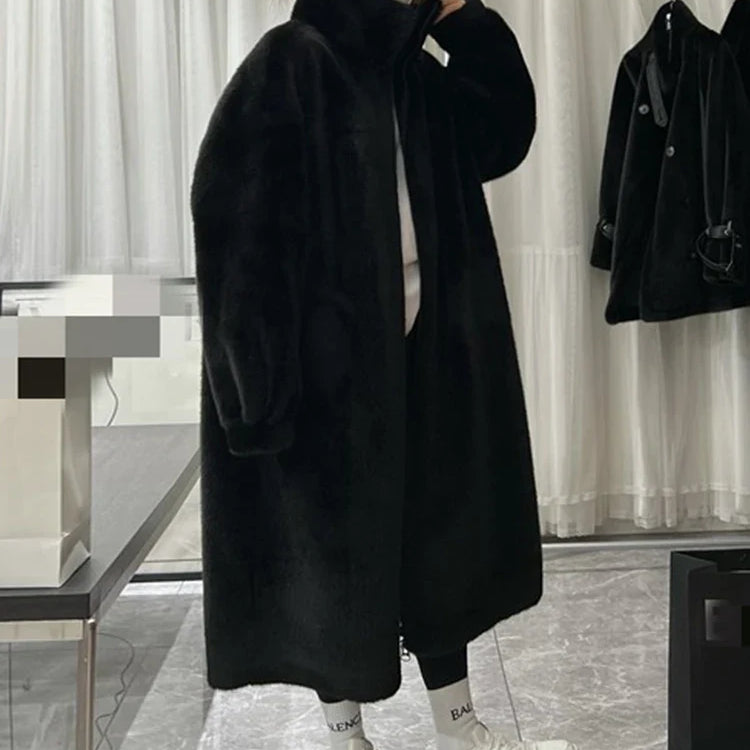Winter Long Oversized Blue White Black Fluffy Thick Warm Faux Fur Coat Women Zip Up Runway Designer Korean Fashion 2022 Black