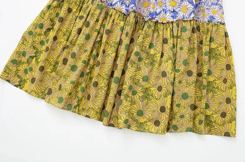 TRAF Women Fashion Printed Pleated Midi Skirt Vintage High Elastic Waist With Drawstrings Female Skirts Mujer casual clothes