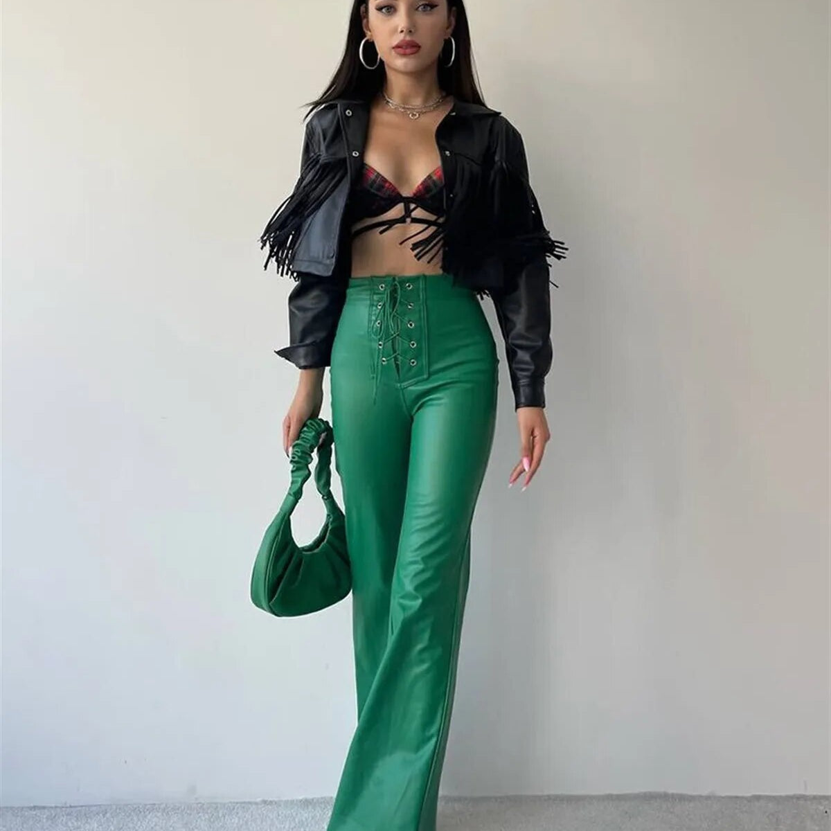 Stylish Chic Faux Leather Pants Women Autumn Winter Sexy High Waist Long Flare Pants Woman Drawstring Black PU Leather Trousers
