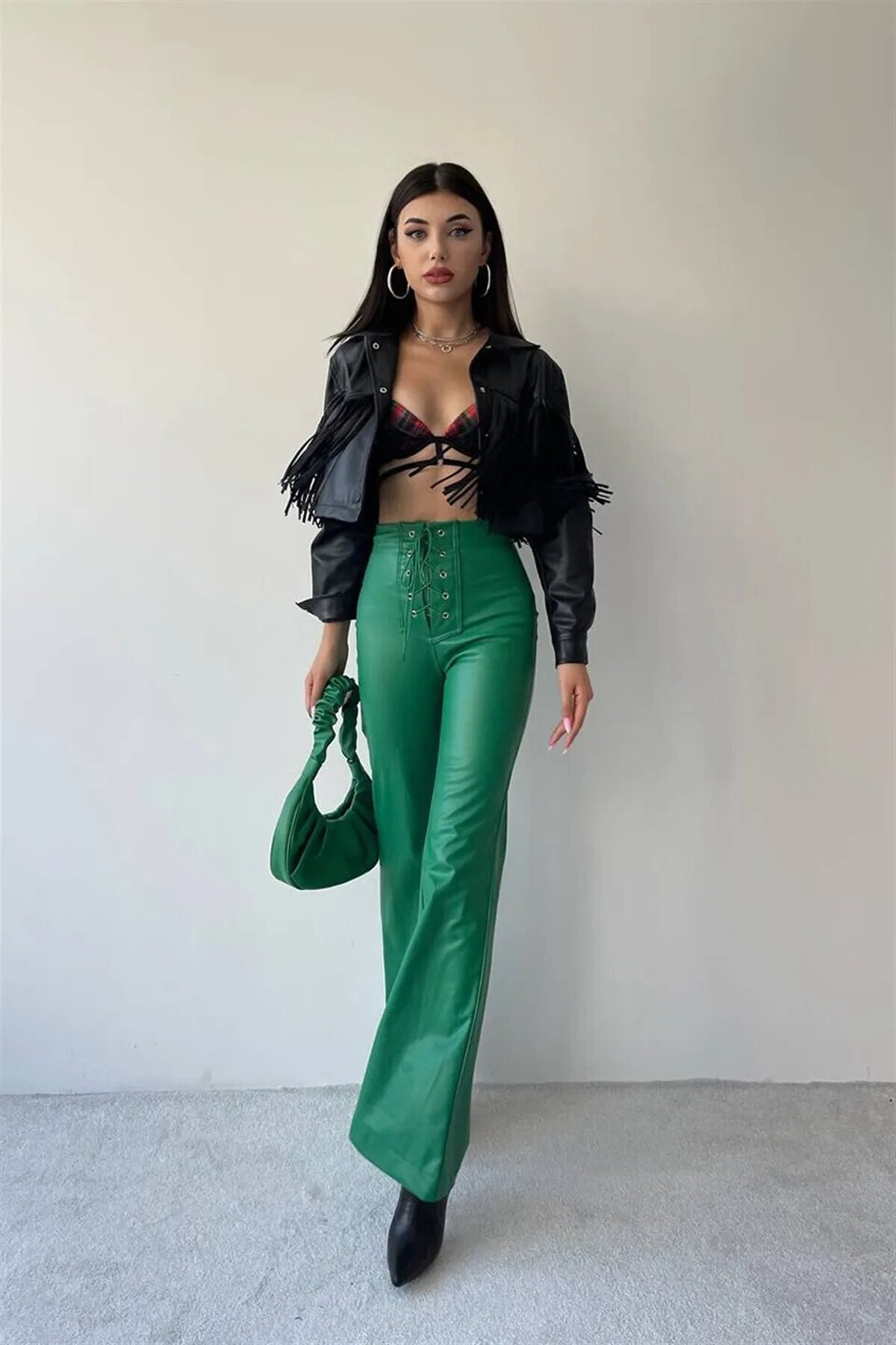 Stylish Chic Faux Leather Pants Women Autumn Winter Sexy High Waist Long Flare Pants Woman Drawstring Black PU Leather Trousers