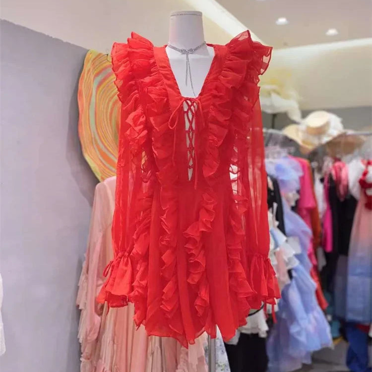 Tossy V-Neck Lace-Up Ruffled Mini Dress For Women Summer Mesh Bandage High Waist Fashion Party Dress Gown Female Mini Dress 2024 Red