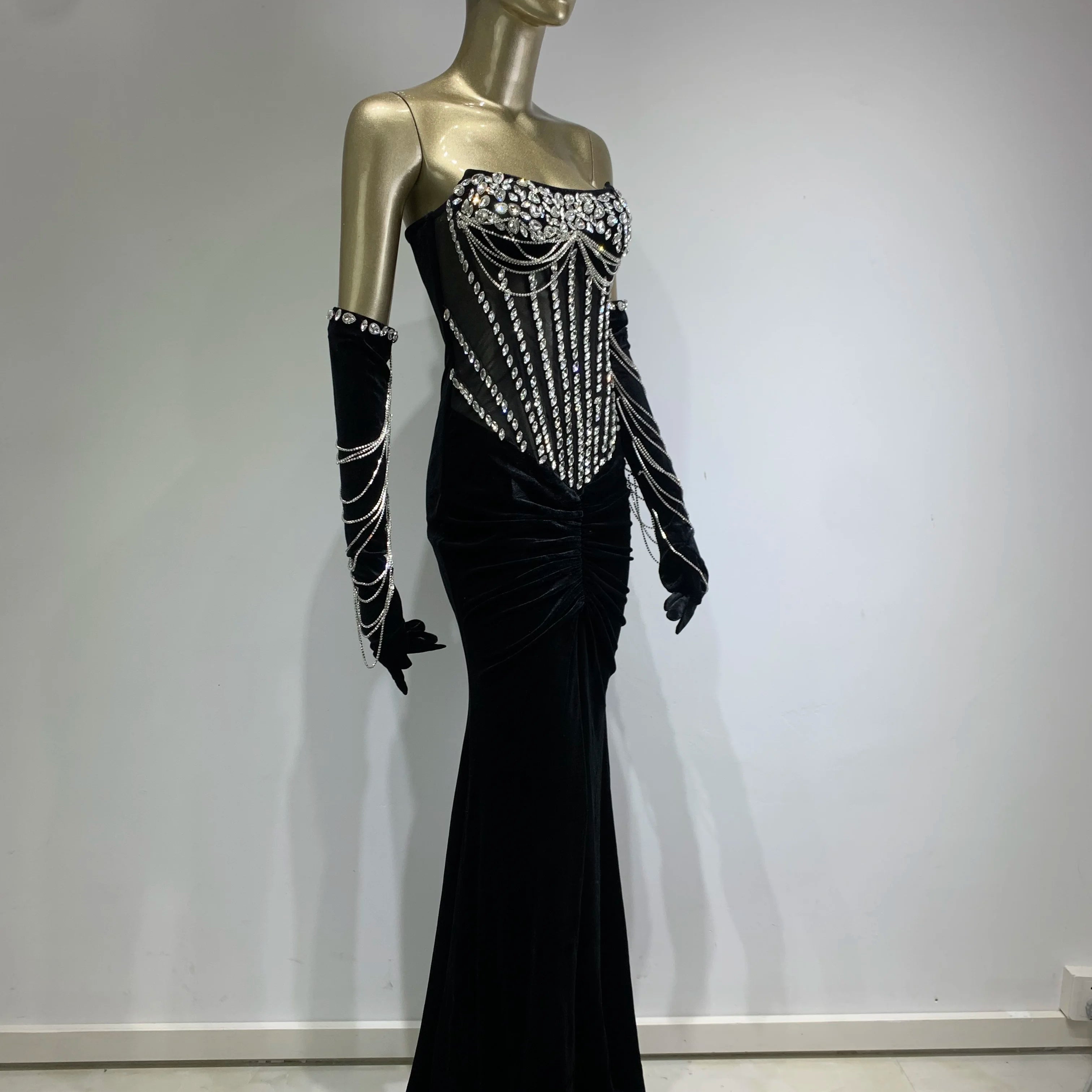 Women Luxury Sexy Strapless Beading Diamonds Black Maxi Long Dress 2024 Elegant Party Evening Stage Performance Dress Vestido