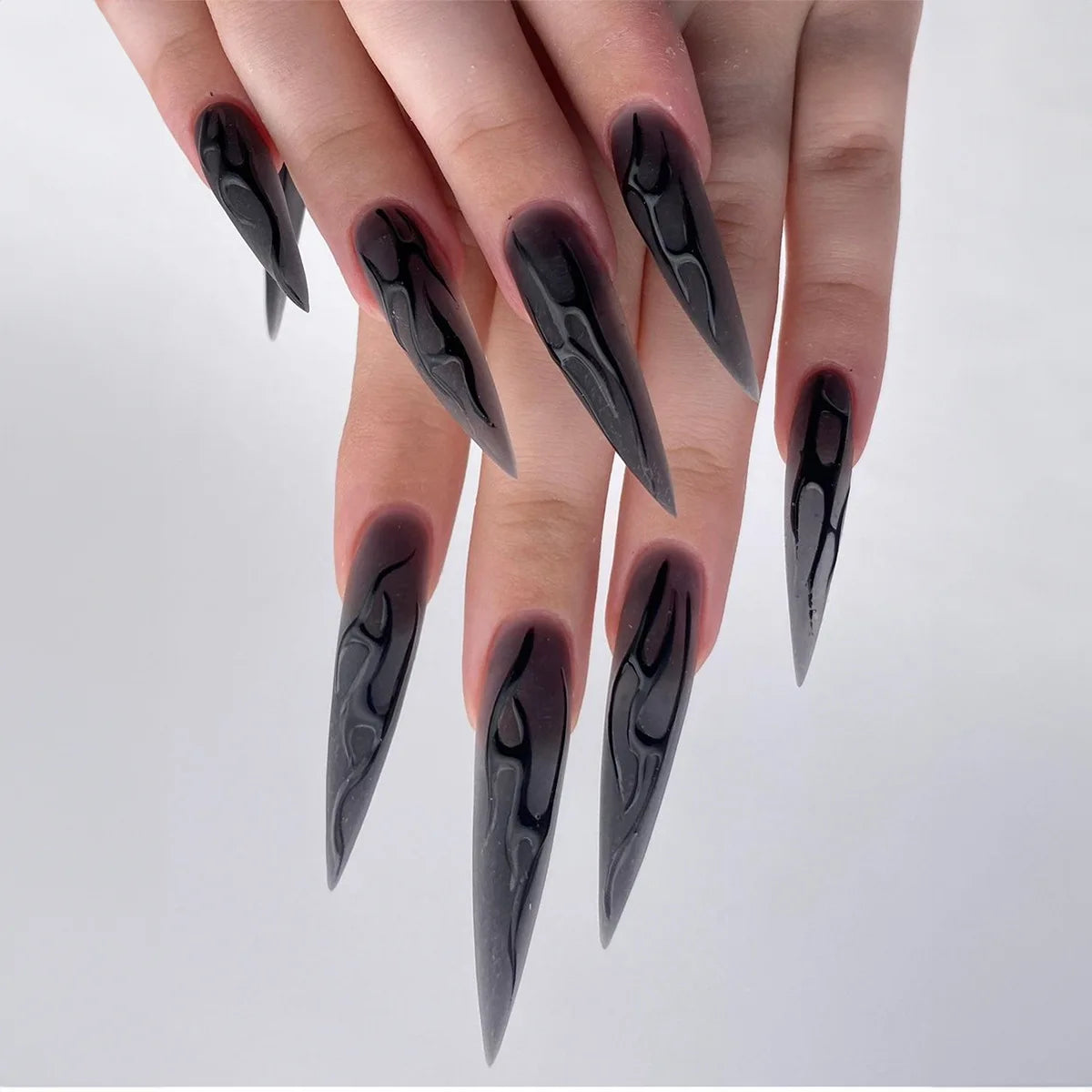 24Pcs Black French Simple Gradient Nail Art Set with Glue Mid-length Almond Fake Nails Wearable Fashion Glossy Acrylic Nail Tips 4