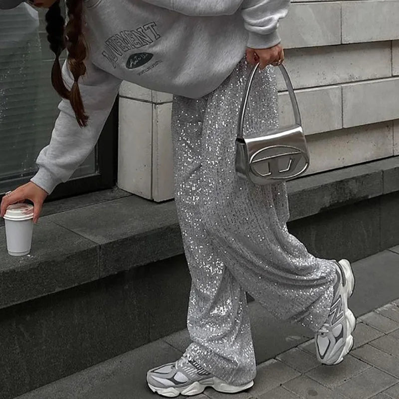 Women Pants Spring Autumn High Waist Straight Long Wide leg Sequins pants Female Casual Female Long Pants Trousers