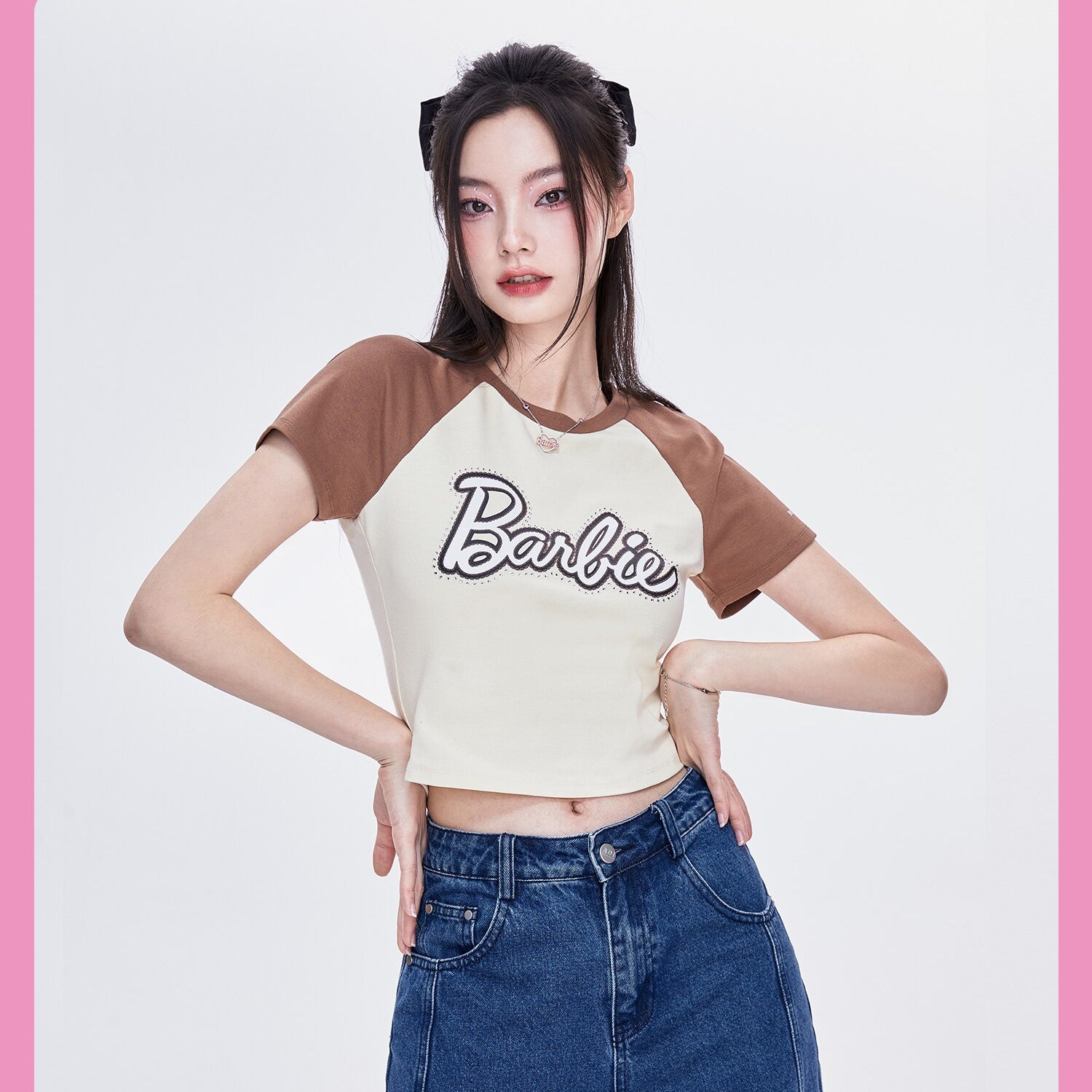 Underpass X Barbie Print Hot Drill Navel Slim Fit Contrast Short-Sleeved T-Shirt Y2K Girls Skinny Short Sleeves Fashion Soft Top