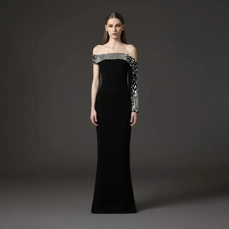 Top Quality Women Sexy One Shoulder Sparkly Crystal Bodycon Long Bandage Dress Evening Party Red Carpet Fashion Outfit Vestido