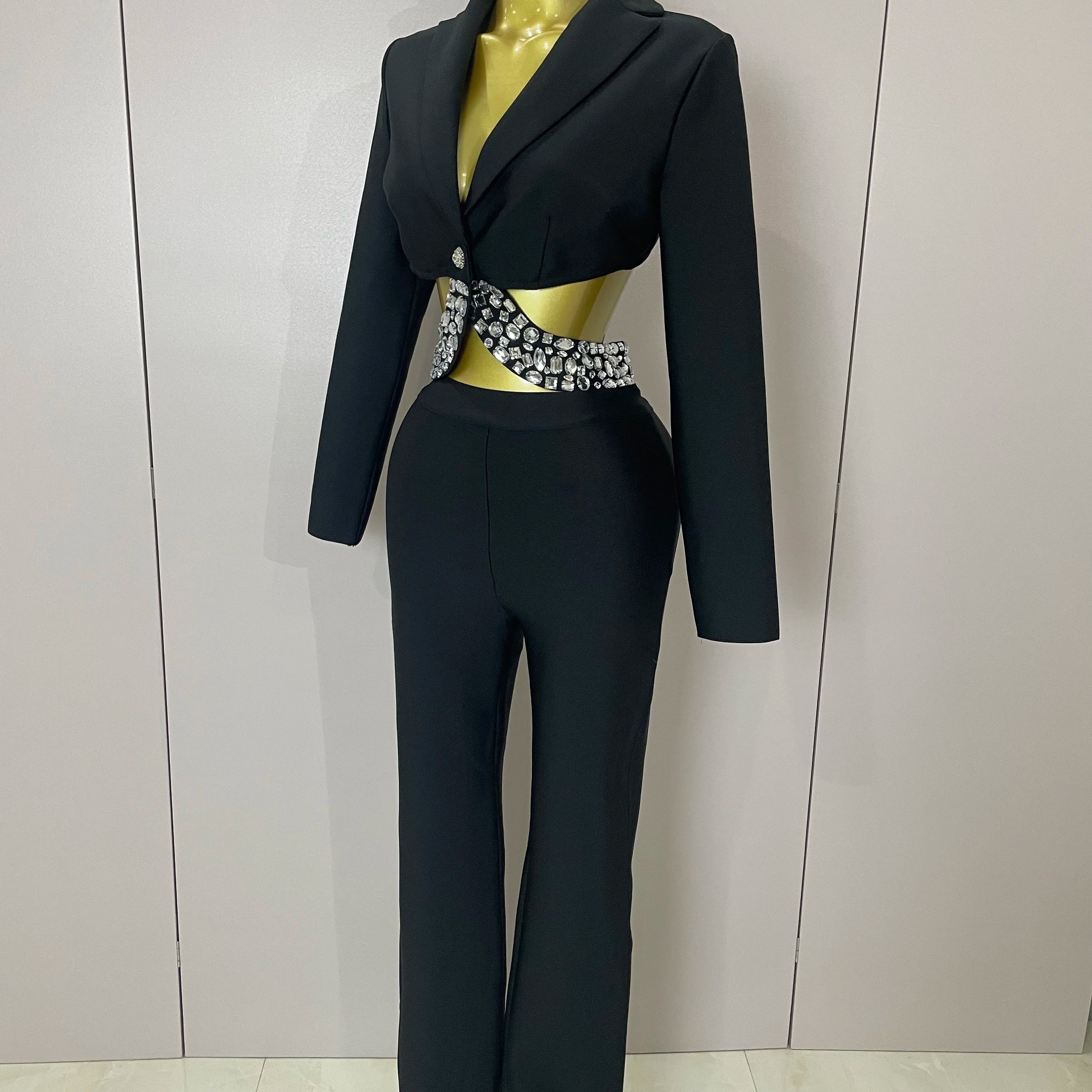 Sexy Cut Out Long Sleeve Beading Bodycon Two Pieces Pants Bandage Set Women Celebrity Designer Fashion Women Luxury Birthday Set