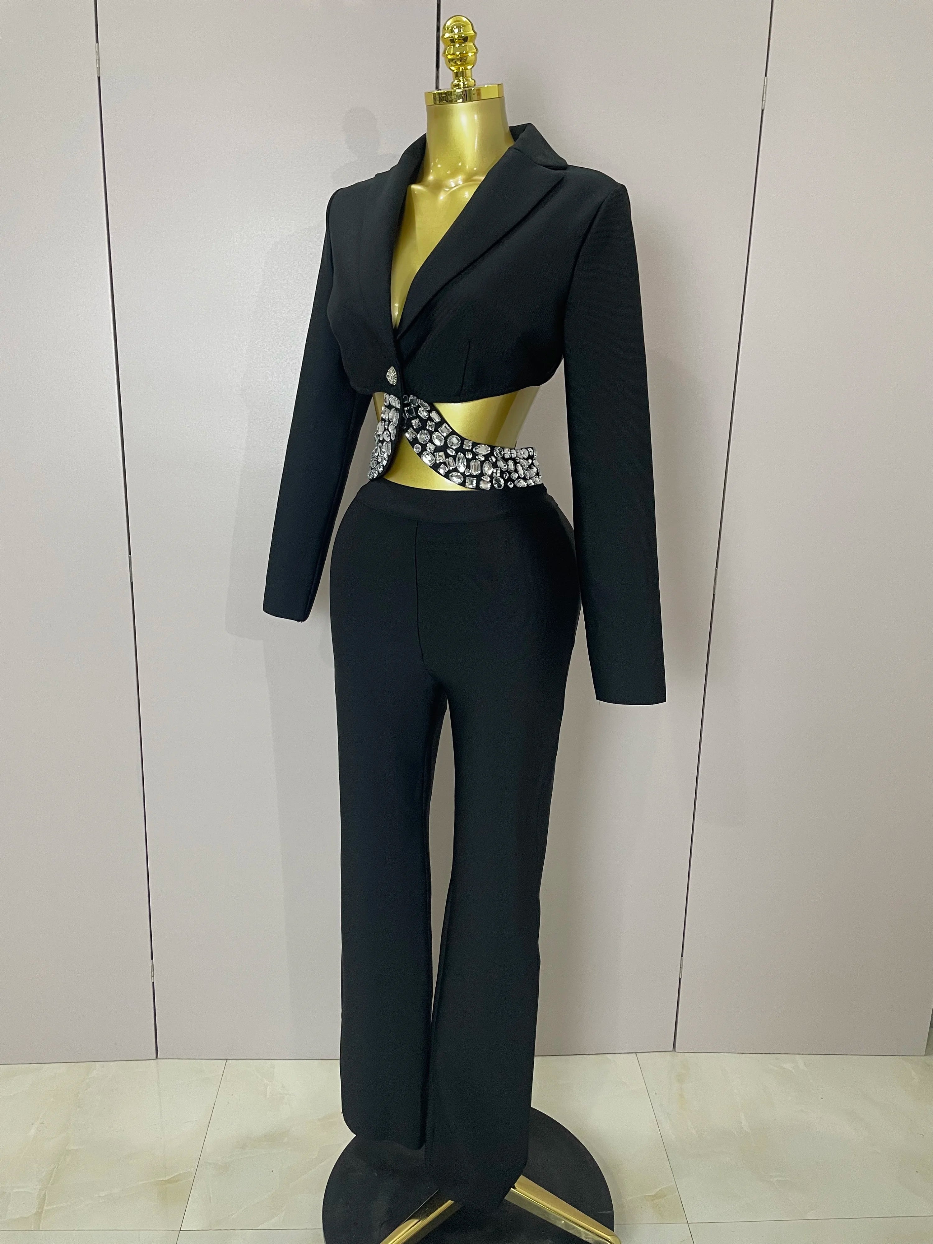 Sexy Cut Out Long Sleeve Beading Bodycon Two Pieces Pants Bandage Set Women Celebrity Designer Fashion Women Luxury Birthday Set