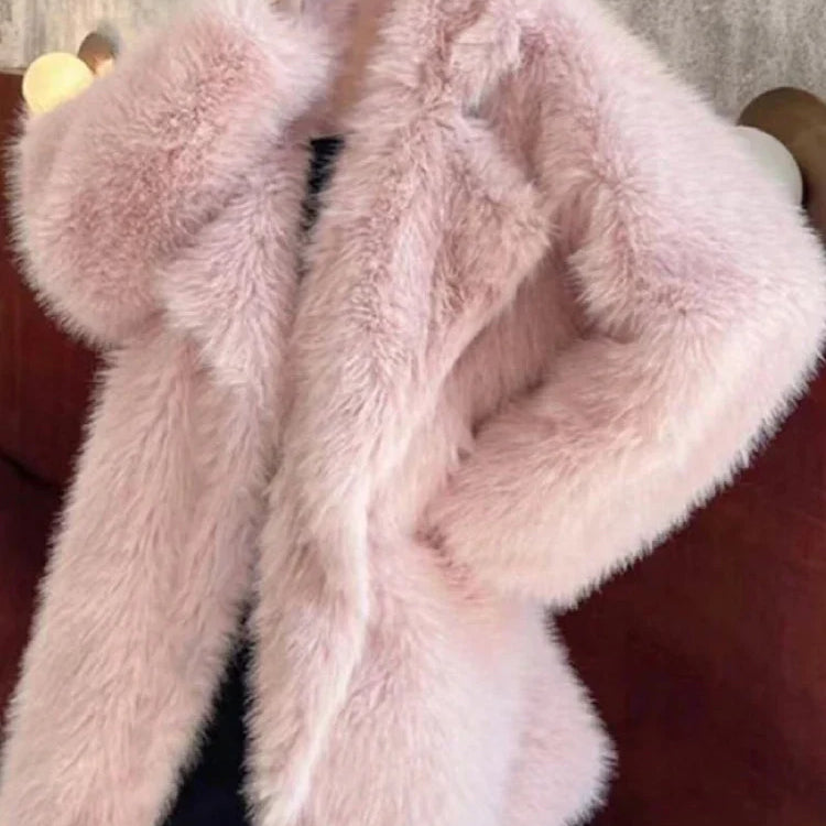 Lautaro Winter Loose Casual Thick Warm Soft Hairy Faux Fur Coat Women Luxury Furry Fluffy Jacket Korean Fashion Pink