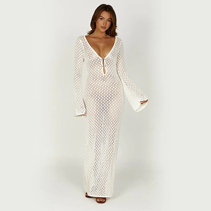 Sexy Women Long Knit Beach Dress Hollow-Out Deep V-Neck Long Sleeve Bikini Cover-Ups Dress Fall Backless Holiday Dress WHITE