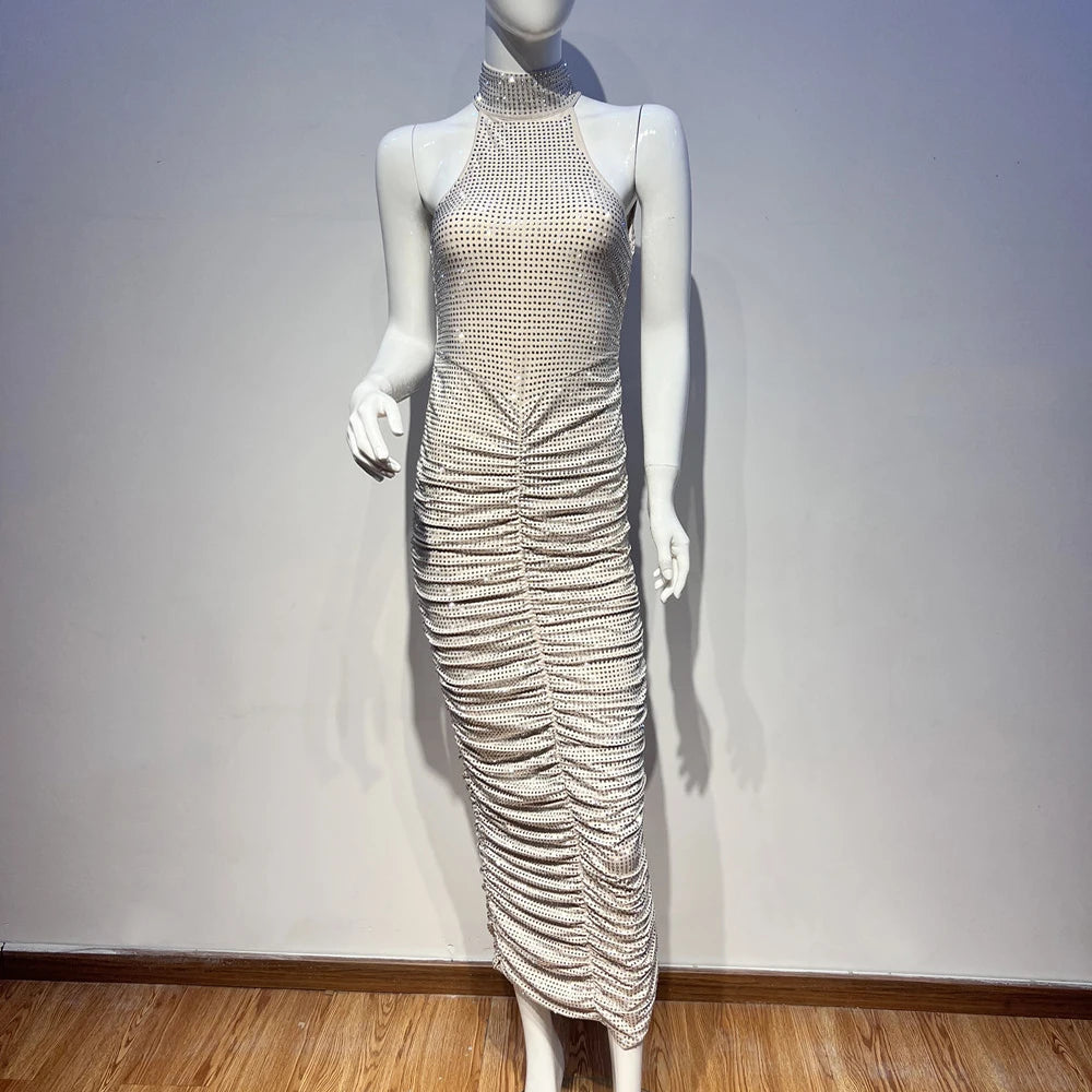 Halter Neck Backless Diamonds Long Dress For Women Sleeveless Folds Slim Formal Elegant Celebrity Cocktail Party Gown Vestido Beige