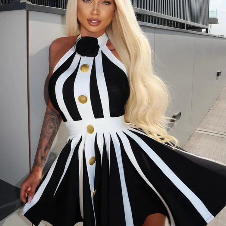 2024 New Summer Women's Black and White Stripe Button 3D Rose Halter Backless Pleated Sexy Sleeveless Knitted Mini Dress