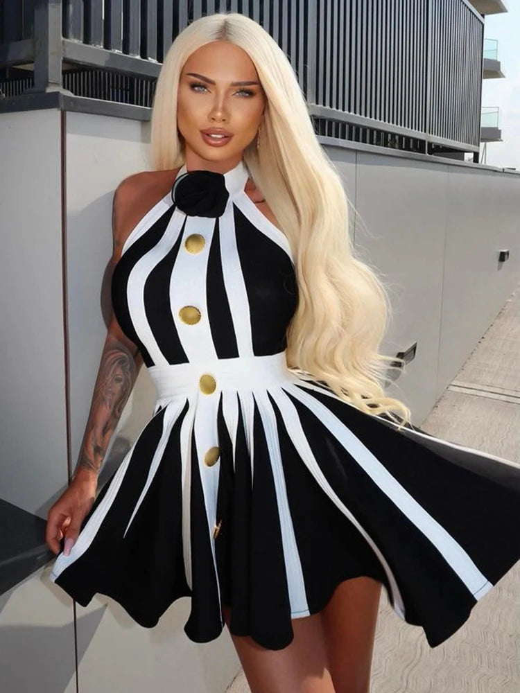 2024 New Summer Women's Black and White Stripe Button 3D Rose Halter Backless Pleated Sexy Sleeveless Knitted Mini Dress