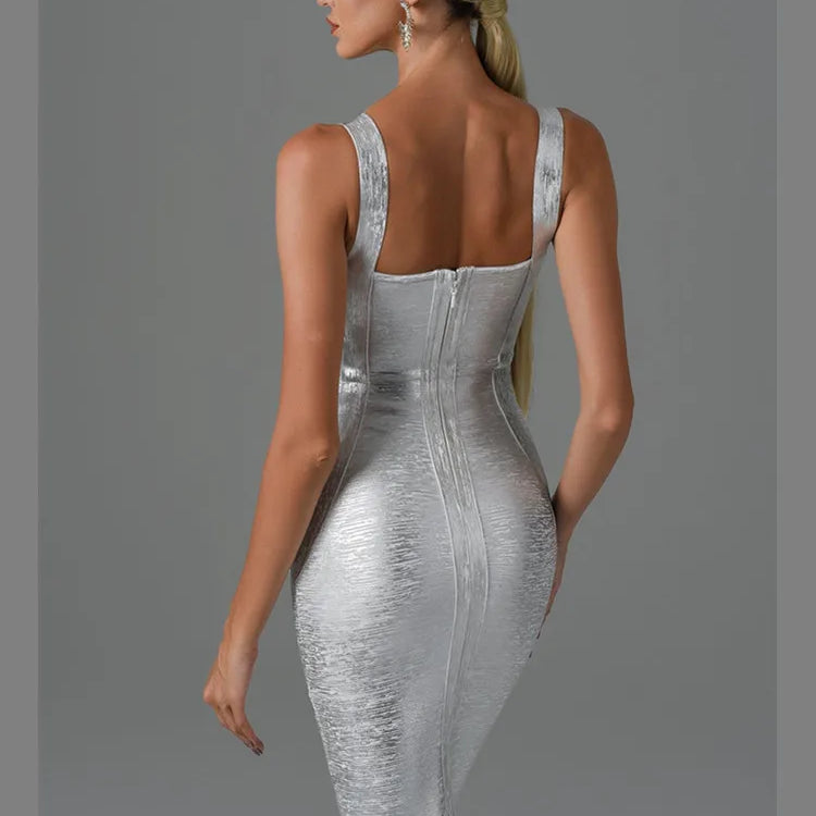Women Summer Style Sexy Sleeveless Backless Gold Silver Bronzing Midi Bodycon Bandage Dress 2022 Elegant Evening Party Dress